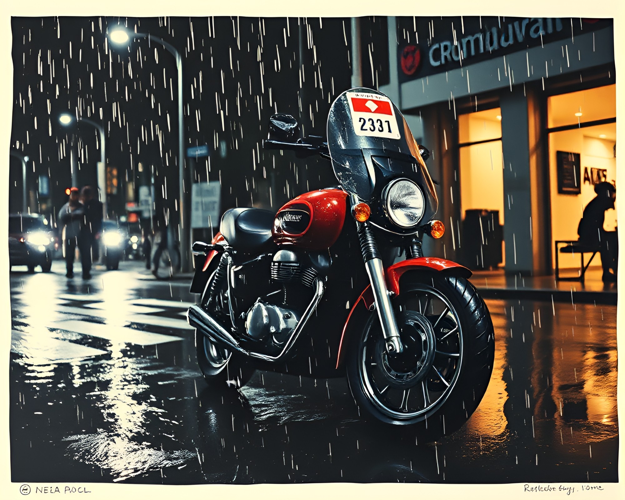 Vintage Motorcycle Ride through Rainy Linocut City – free AI stock image