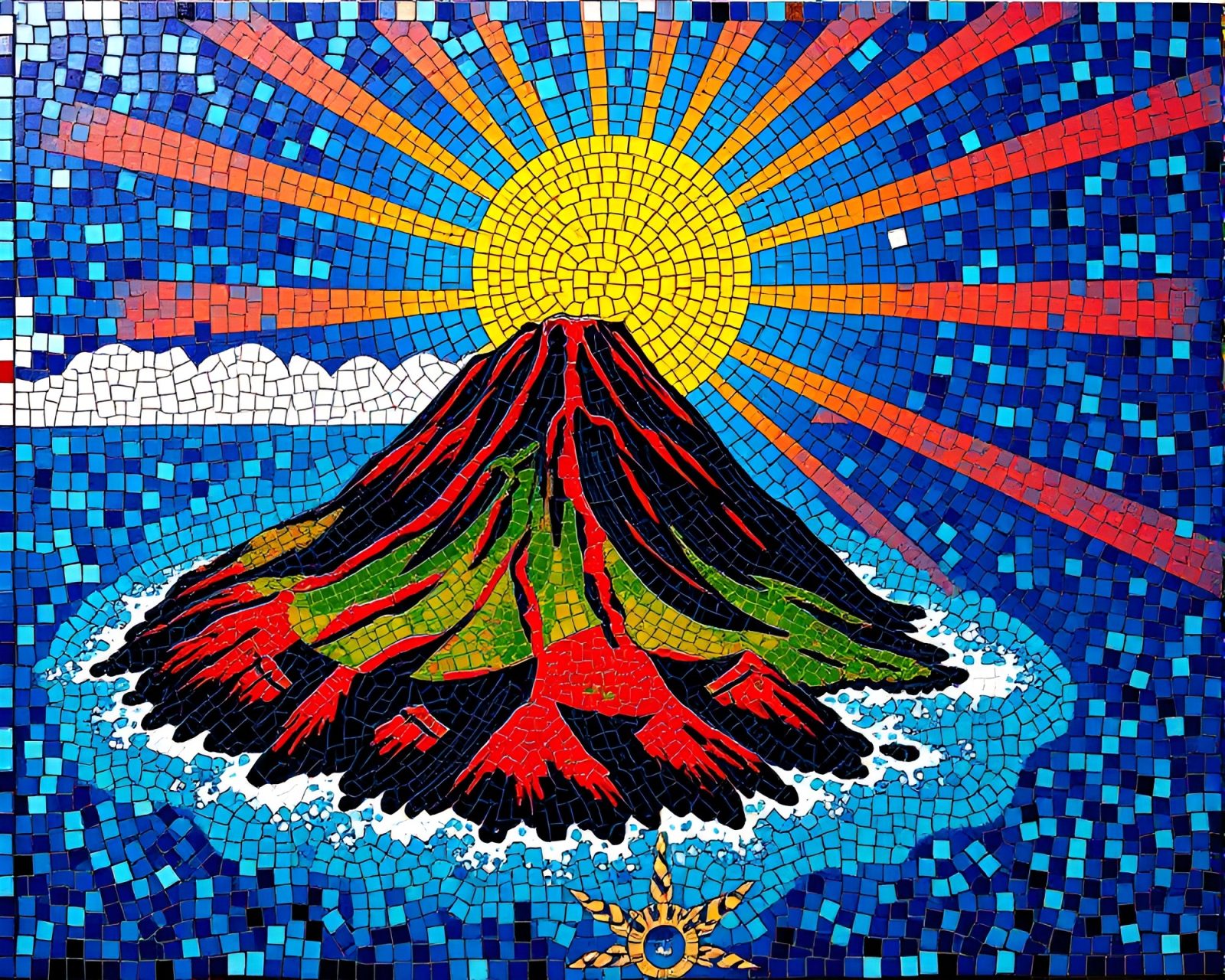 Colorful mosaic tiling on volcanic island with sunbeam rays