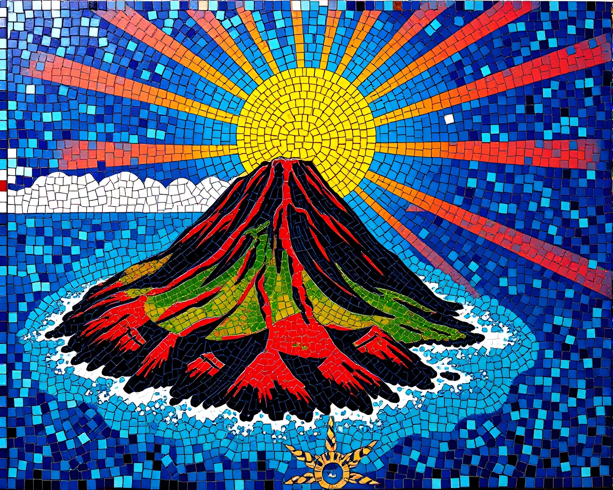 Volcanic Island Pop Art Mosaic Tiling Sunbeam Rays – free AI stock image