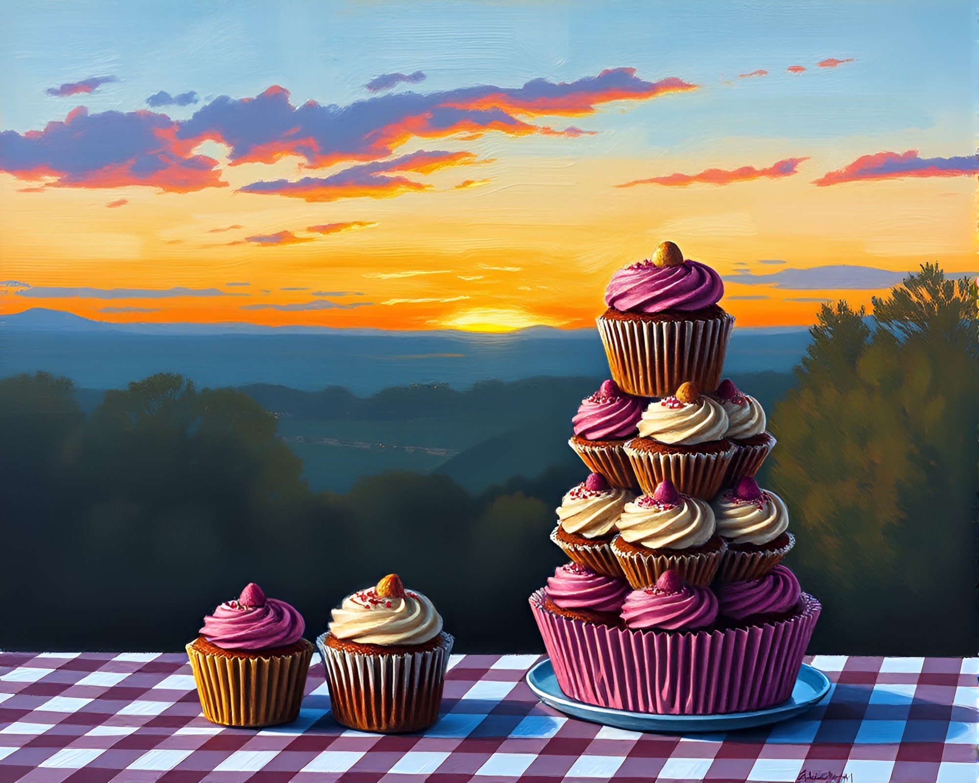Striped Cupcake Tower at Golden Hour Oil Painting – free AI stock image