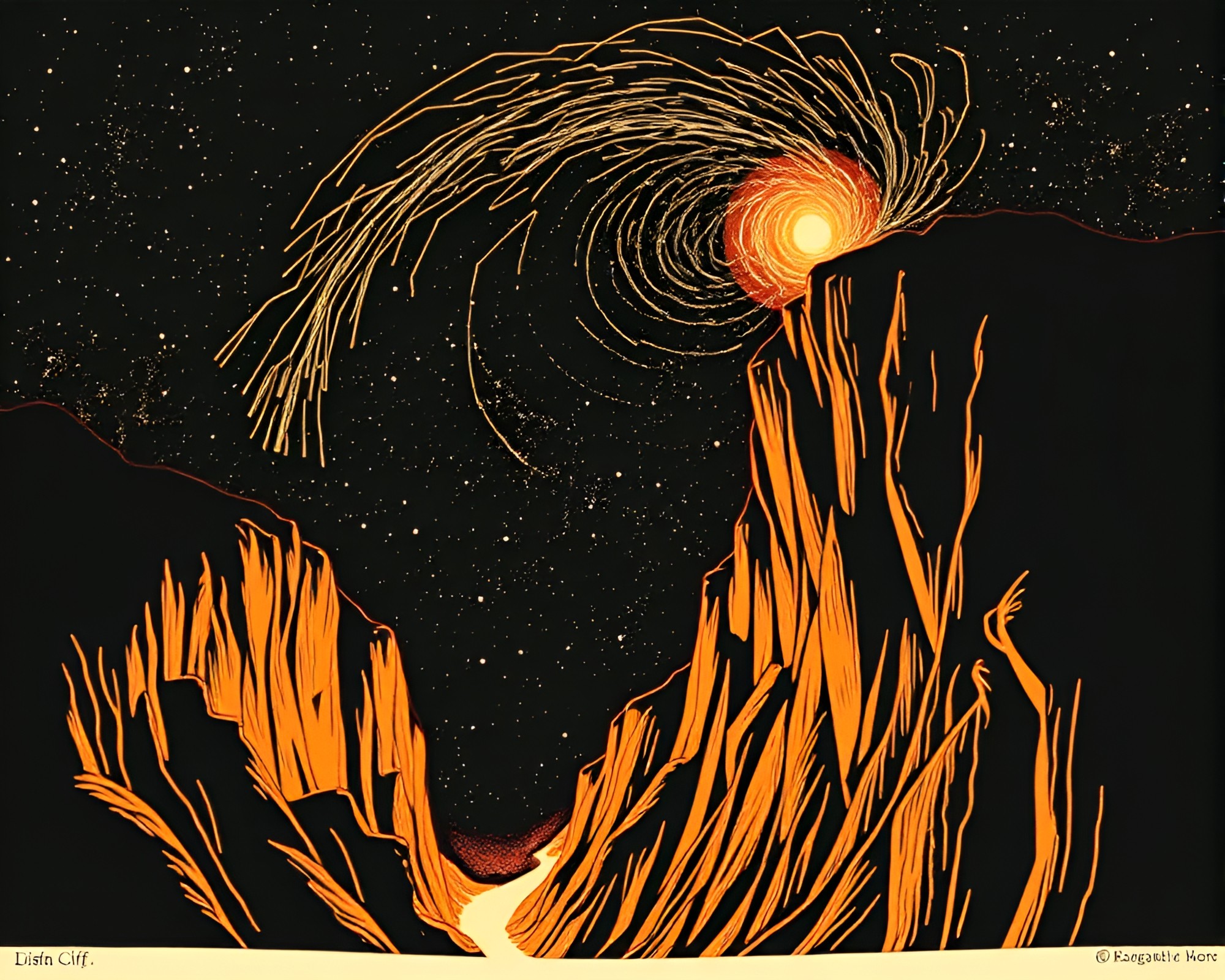 Fibonacci Cliff Illuminated by Torchlight Woodcut – free AI stock image