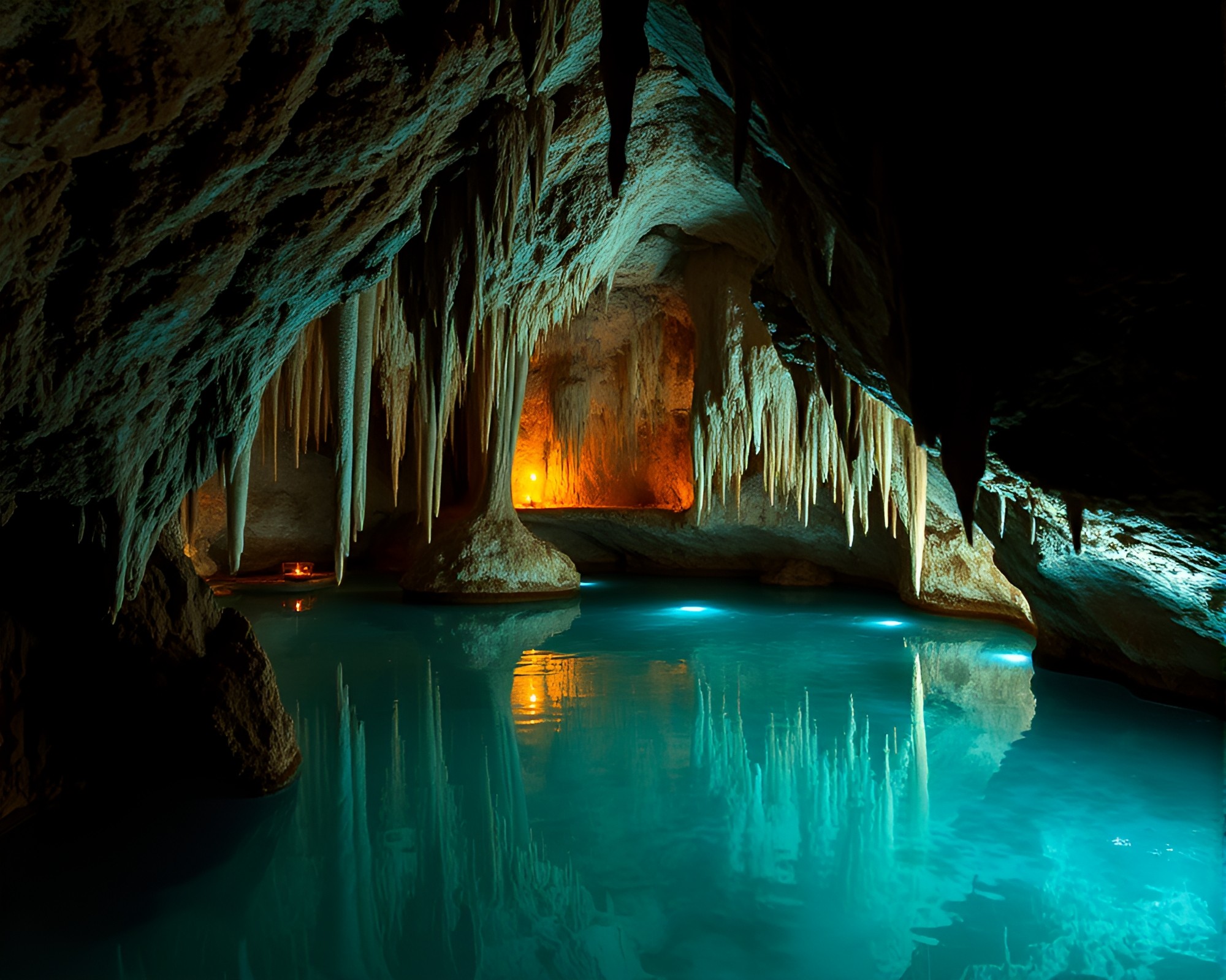 Glowing Stalactites in Candlelit Chrome Cave Reflections – free AI stock image