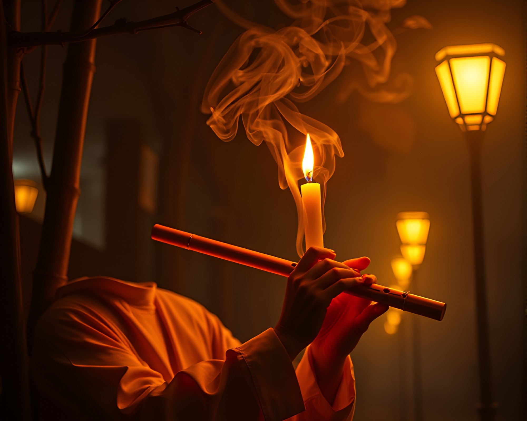 Surreal Bamboo Flute Serenade in Streetlamp Glow – free AI stock image