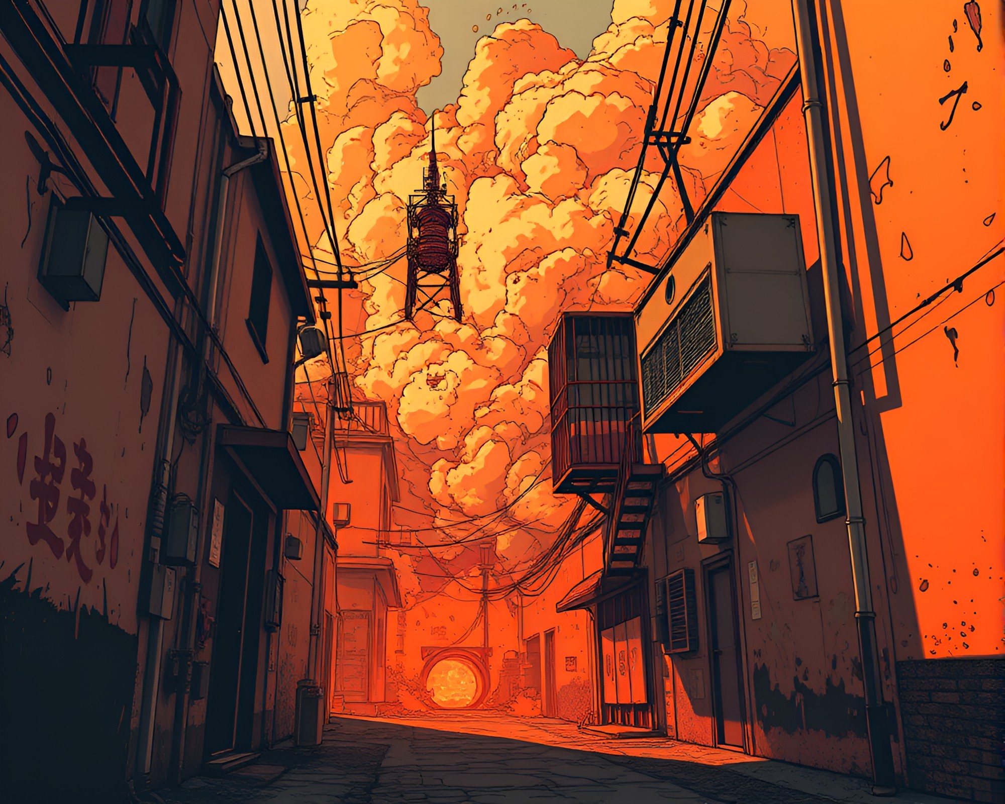 Cyberpunk Alley Explosion: Manga Style Art – free AI stock image