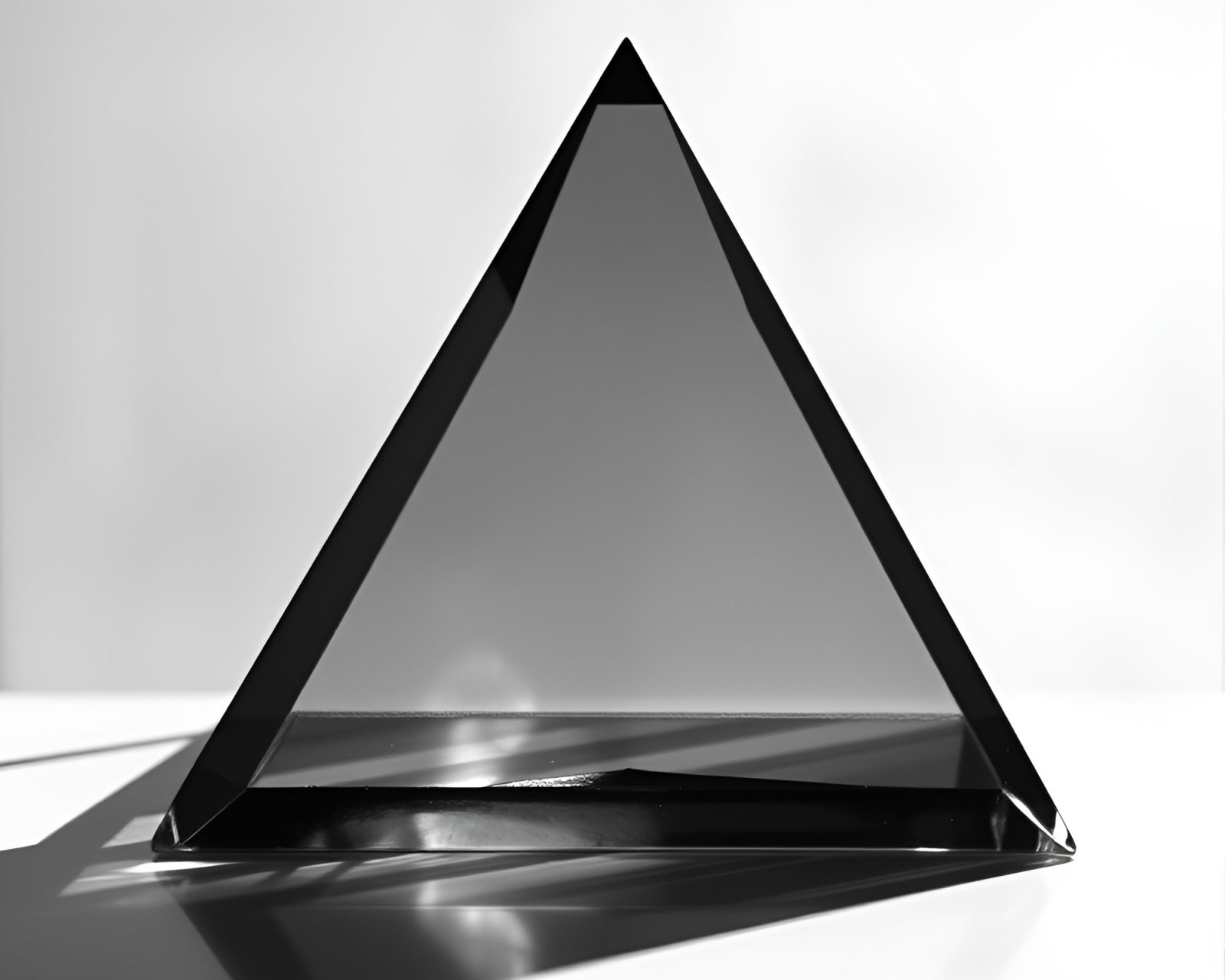 Abstract glass pyramid casting intricate stencil shadows in gray tones