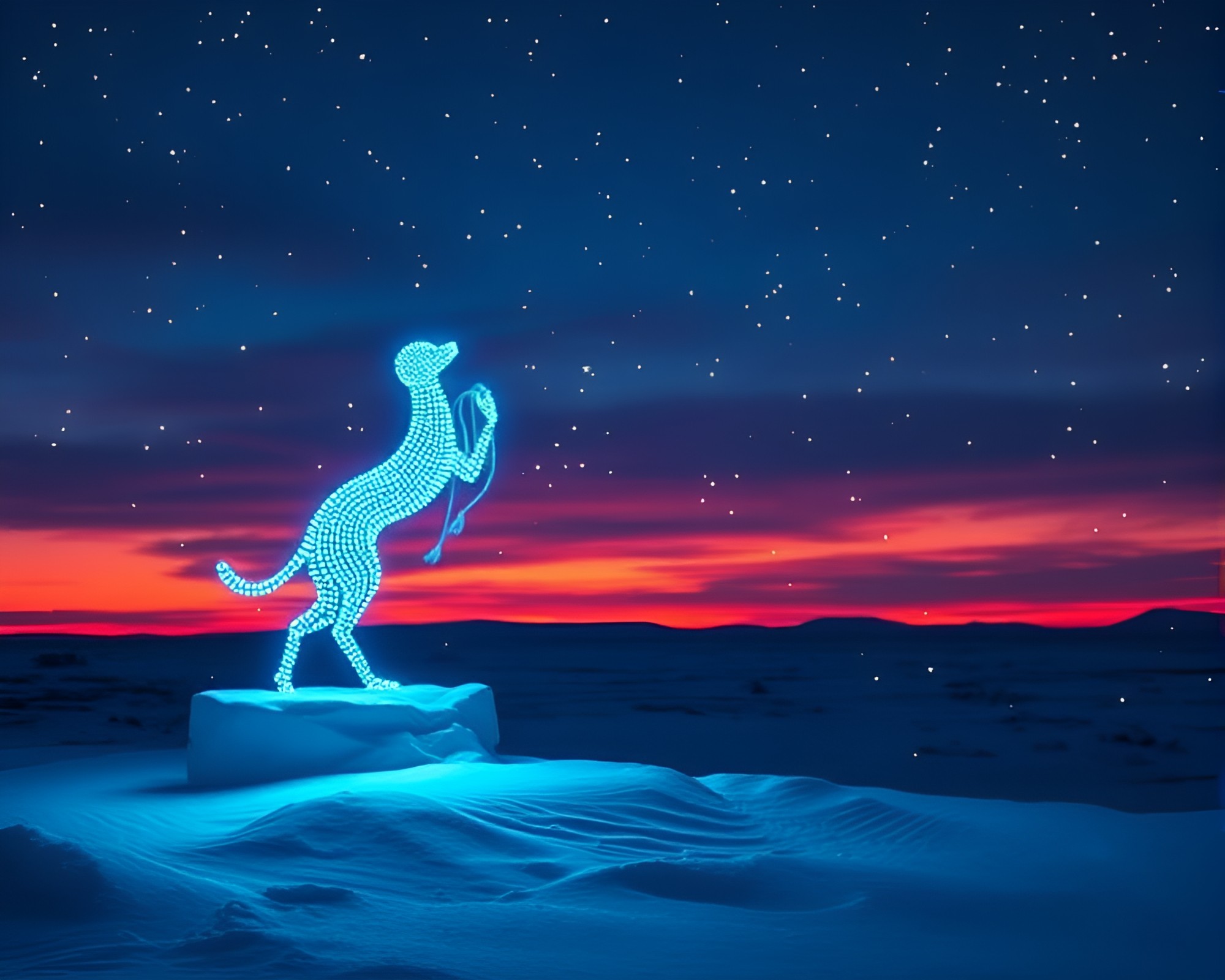 Djinn illuminated in pointillist LED twilight art – free AI stock image