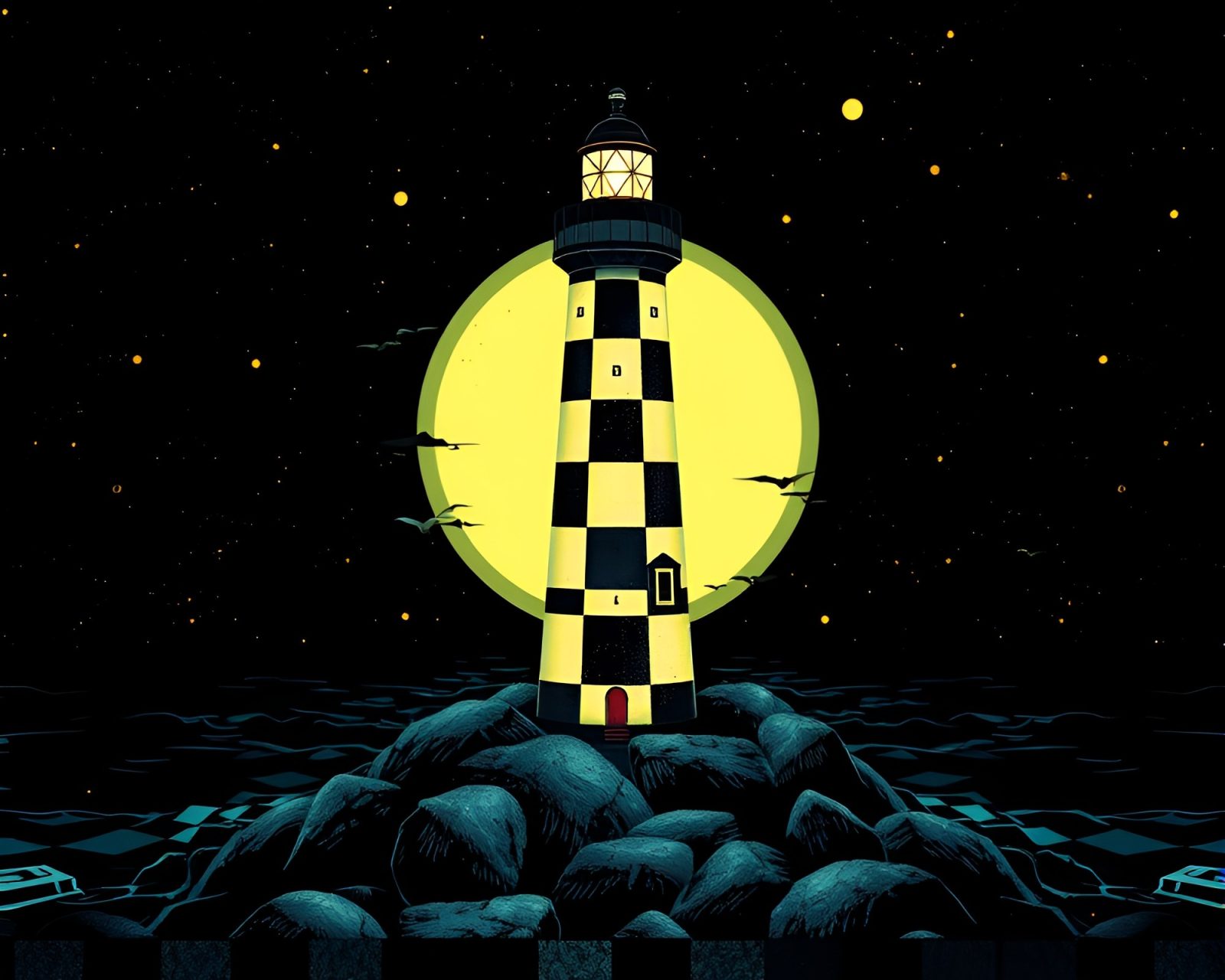 Illustration of a glowing steampunk lighthouse in checkered darkness