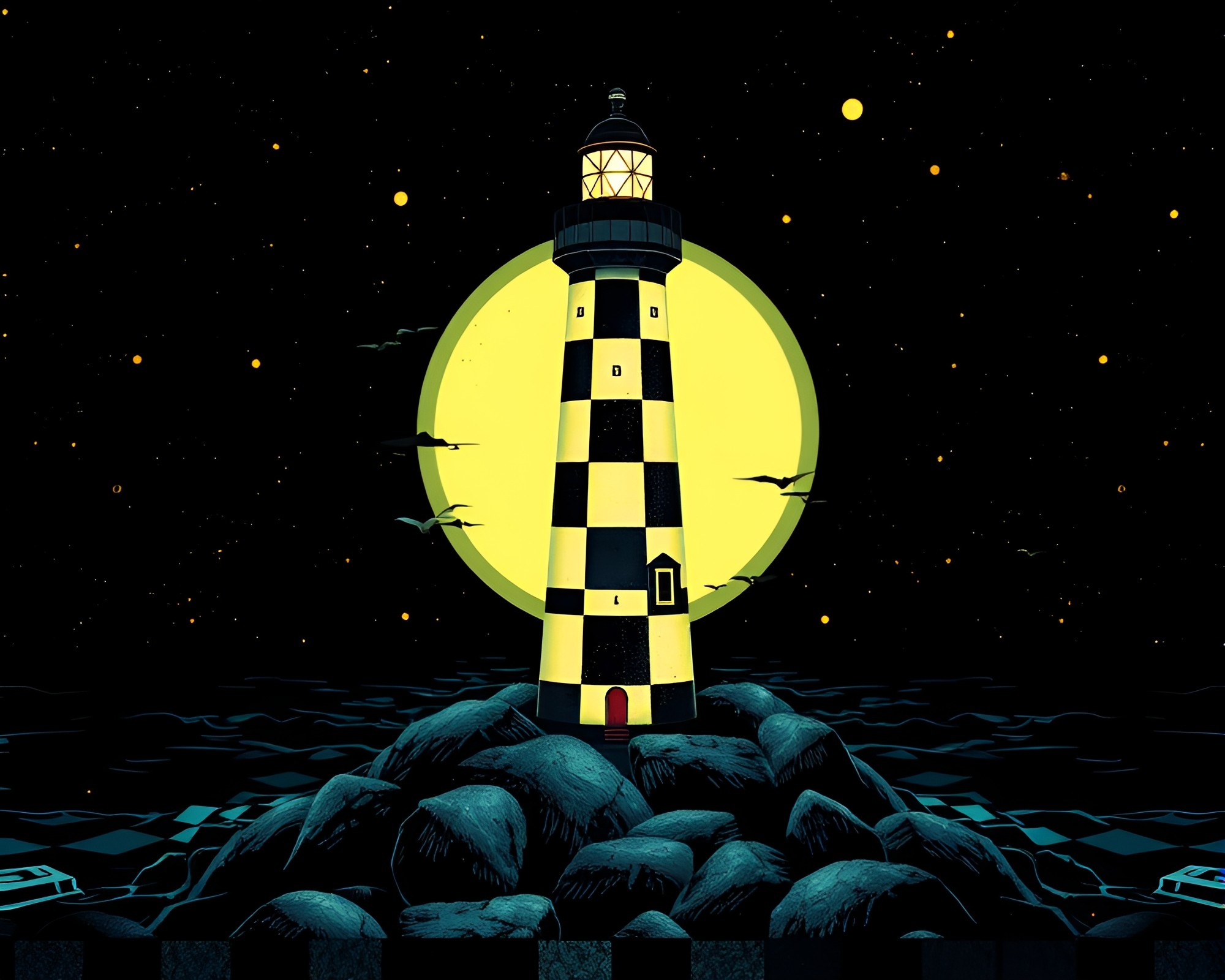 Steampunk Lighthouse Illuminated Checkered Night – free AI stock image