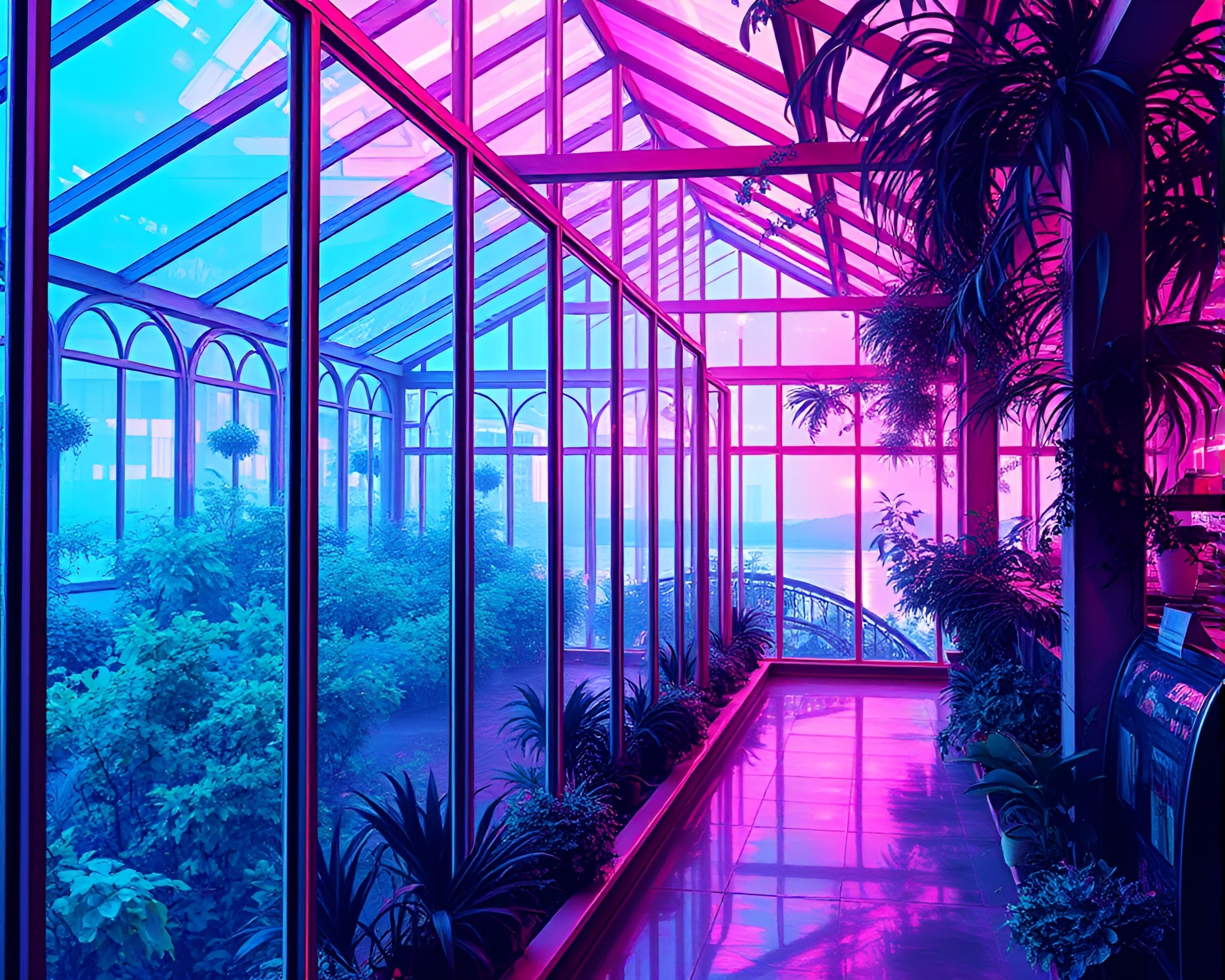 Neon Glass Greenhouse in Acid Wash Cel Shading – free AI stock image