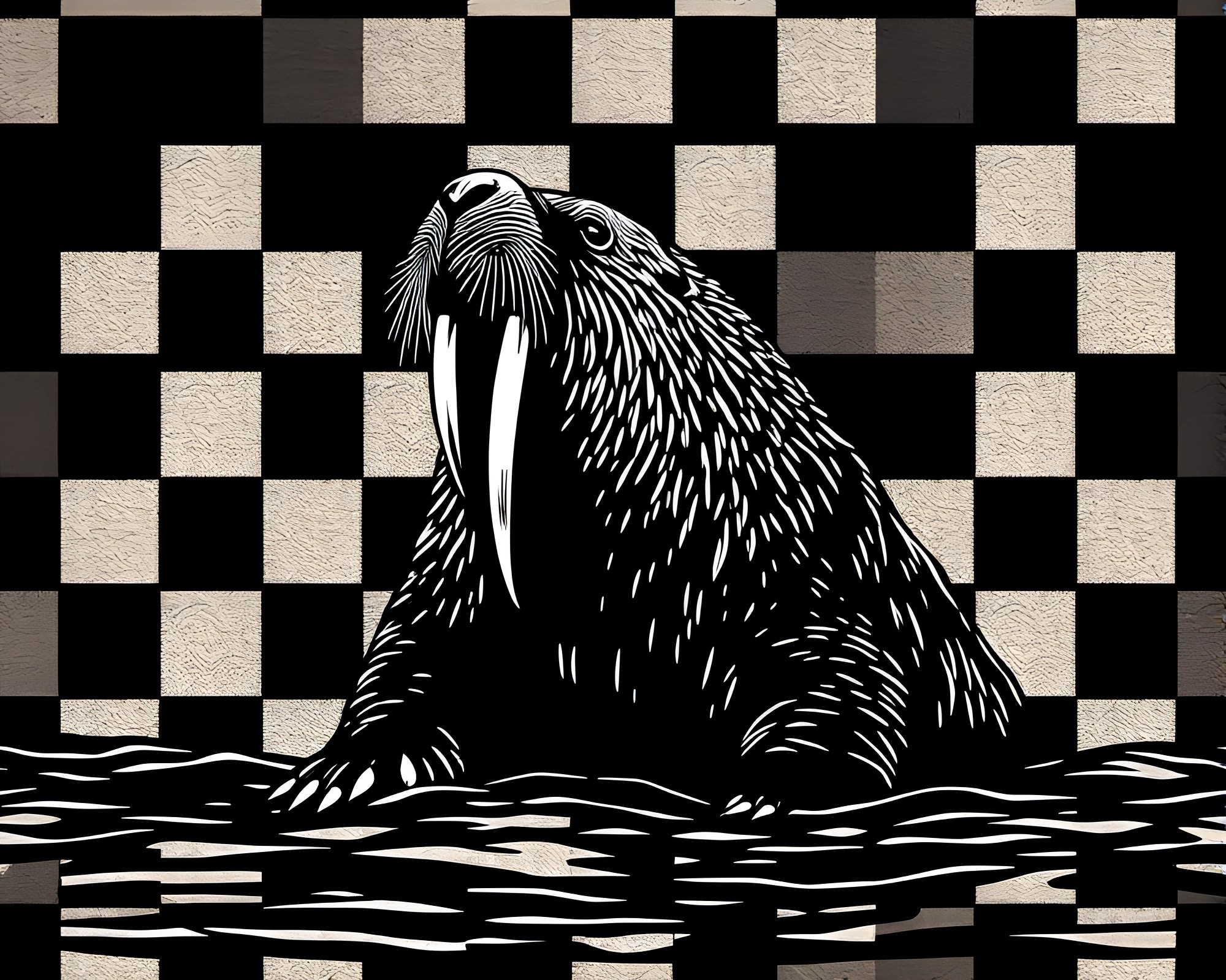 Walrus in Checkered Twilight: Black and White Composition – free AI stock image