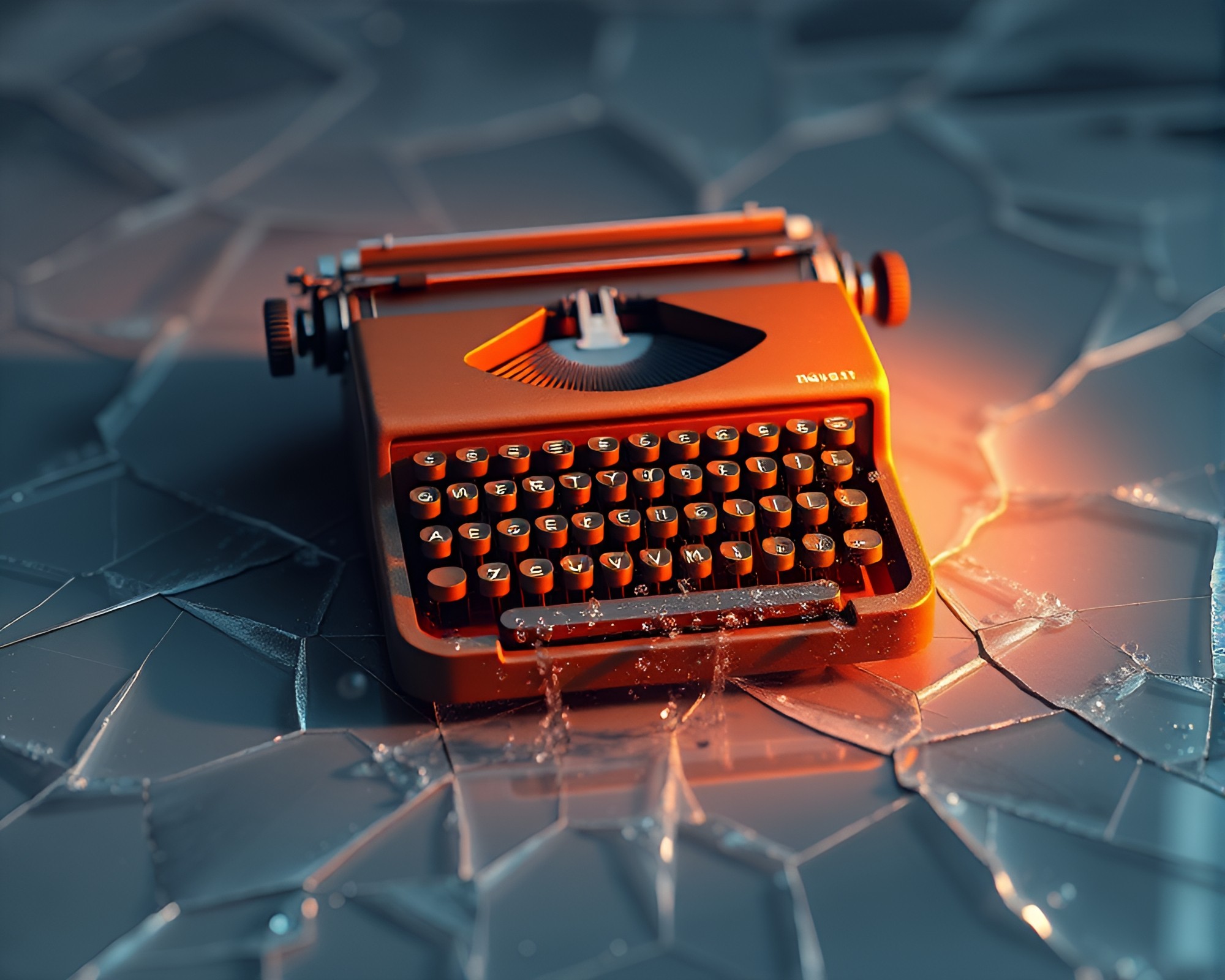 Antique Typewriter on Ice Reflection Crack with Mosaic Lighting – free AI stock image
