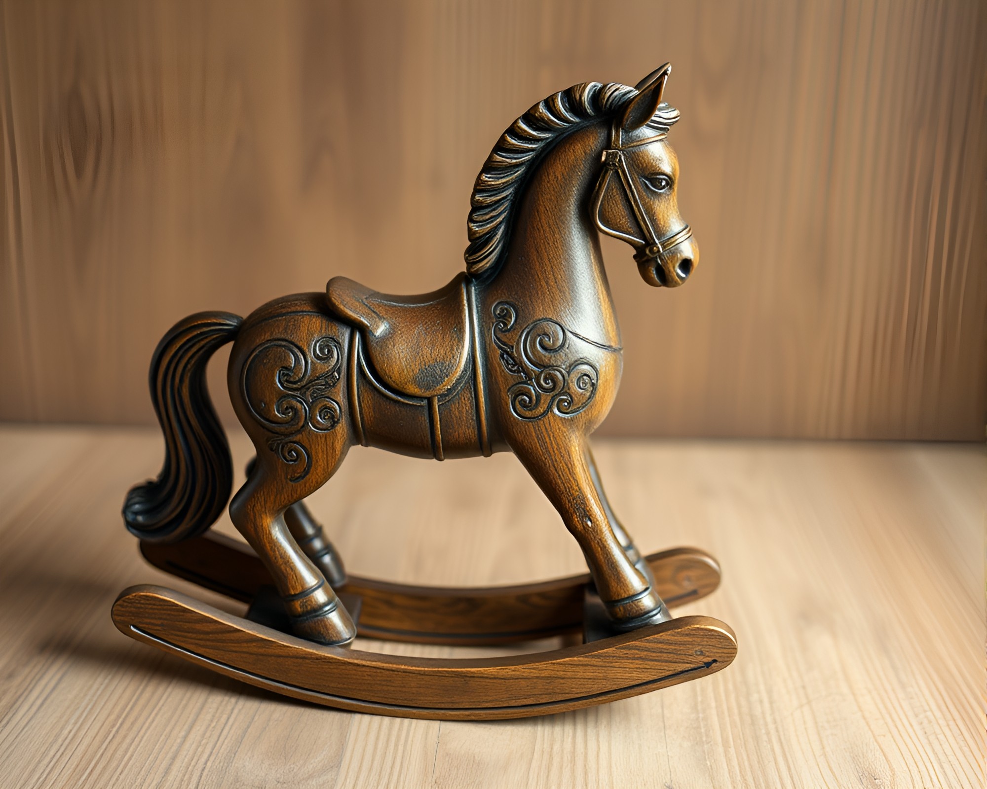 Wooden Rocking Horse with Engraved Details in Toon Shading Style – free AI stock image