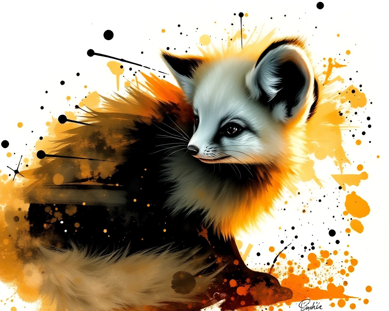 Abstract ink splashes around a detailed fennec fox drawing