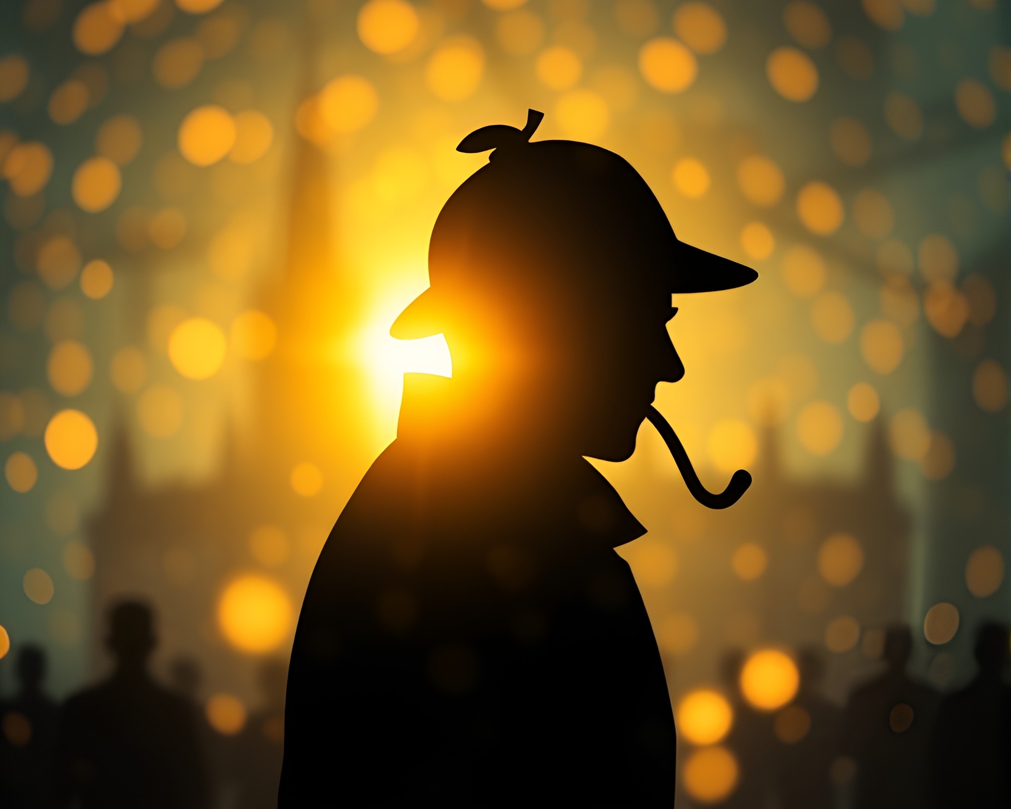 Gilded Sherlock Holmes Silhouette in Manga Bokeh Lights – free AI stock image