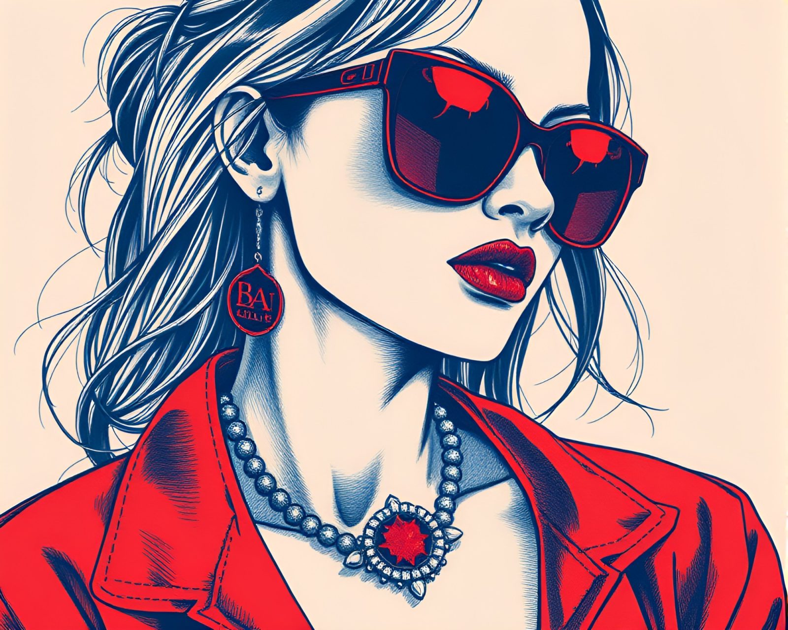 Detailed fashion illustration of ethereal banshee in red-blue hues