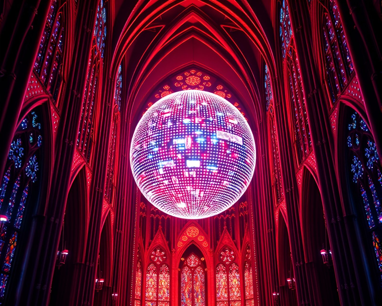 Unique blend of gothic architecture, LED lights, and disco ball in cathedral setting