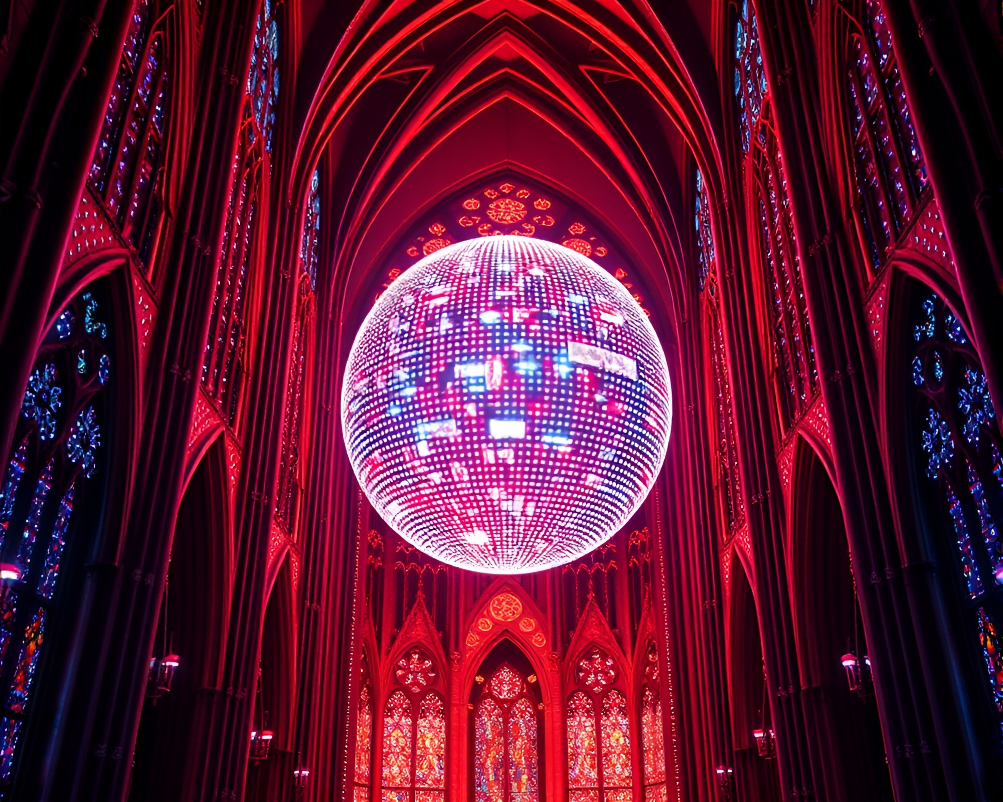 Gothic Cathedral LED Disco Ball Calligraphy Composition – free AI stock image