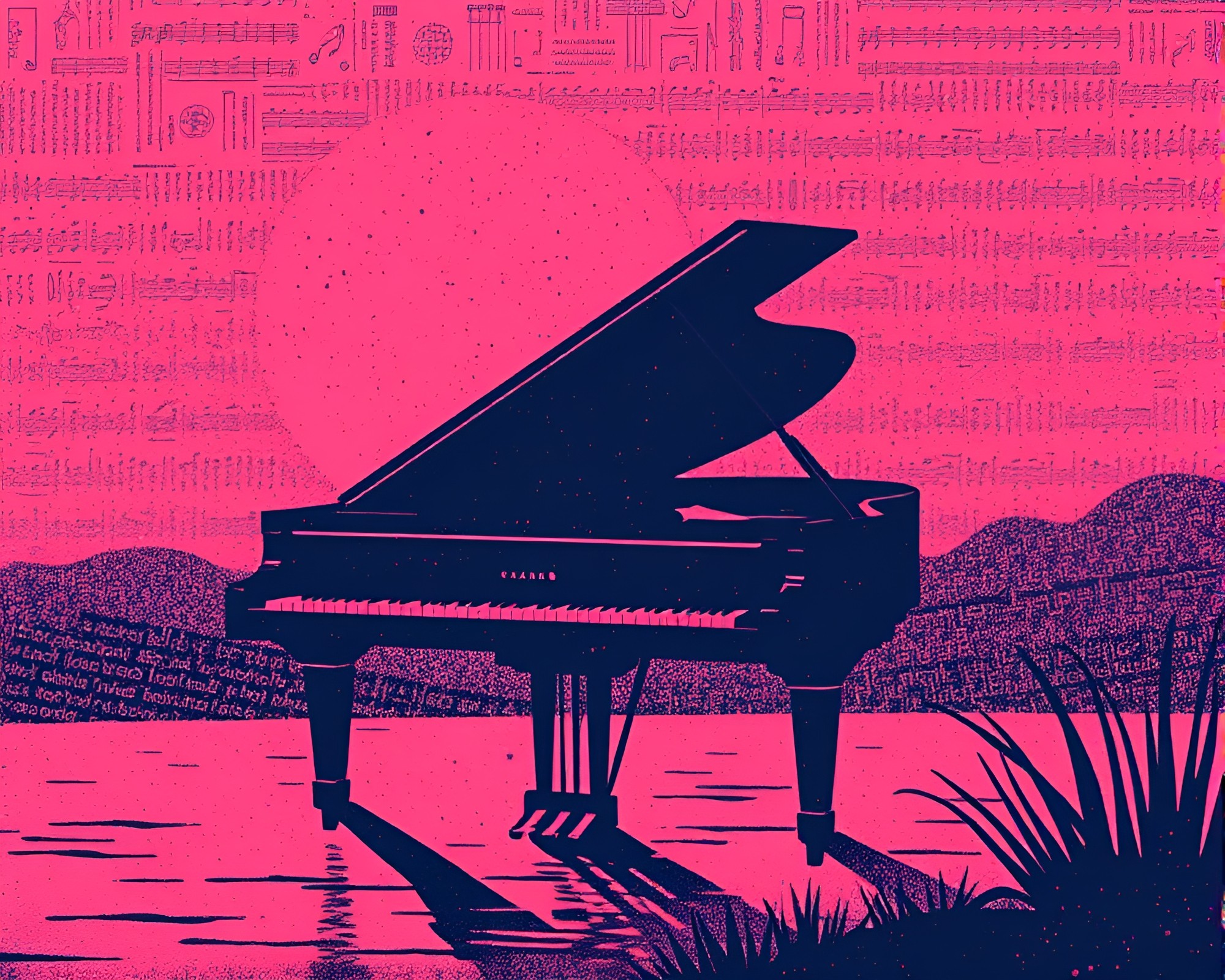 Sunrise Sonata – Pixel Art Piano Linocut Textures – free AI stock image