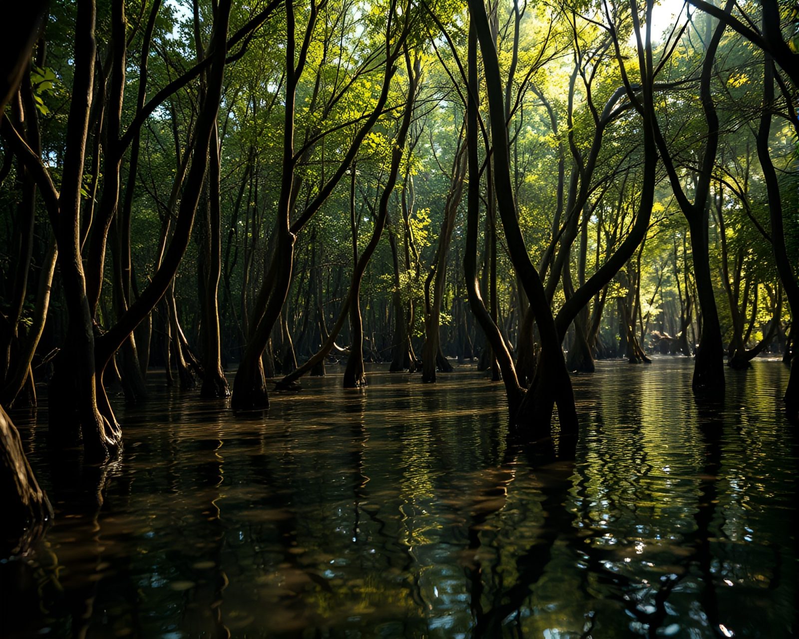 Fantasy mangrove swamp with disco ball shine and metallic textures