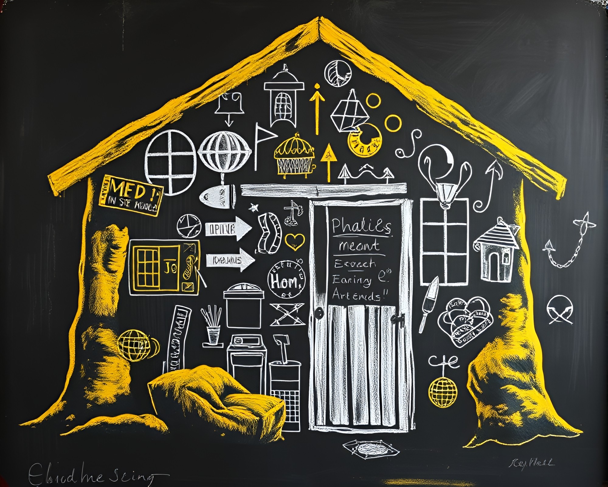 Maximalist Mud Hut: Monochrome Yellow Chalk Scrawls – free AI stock image