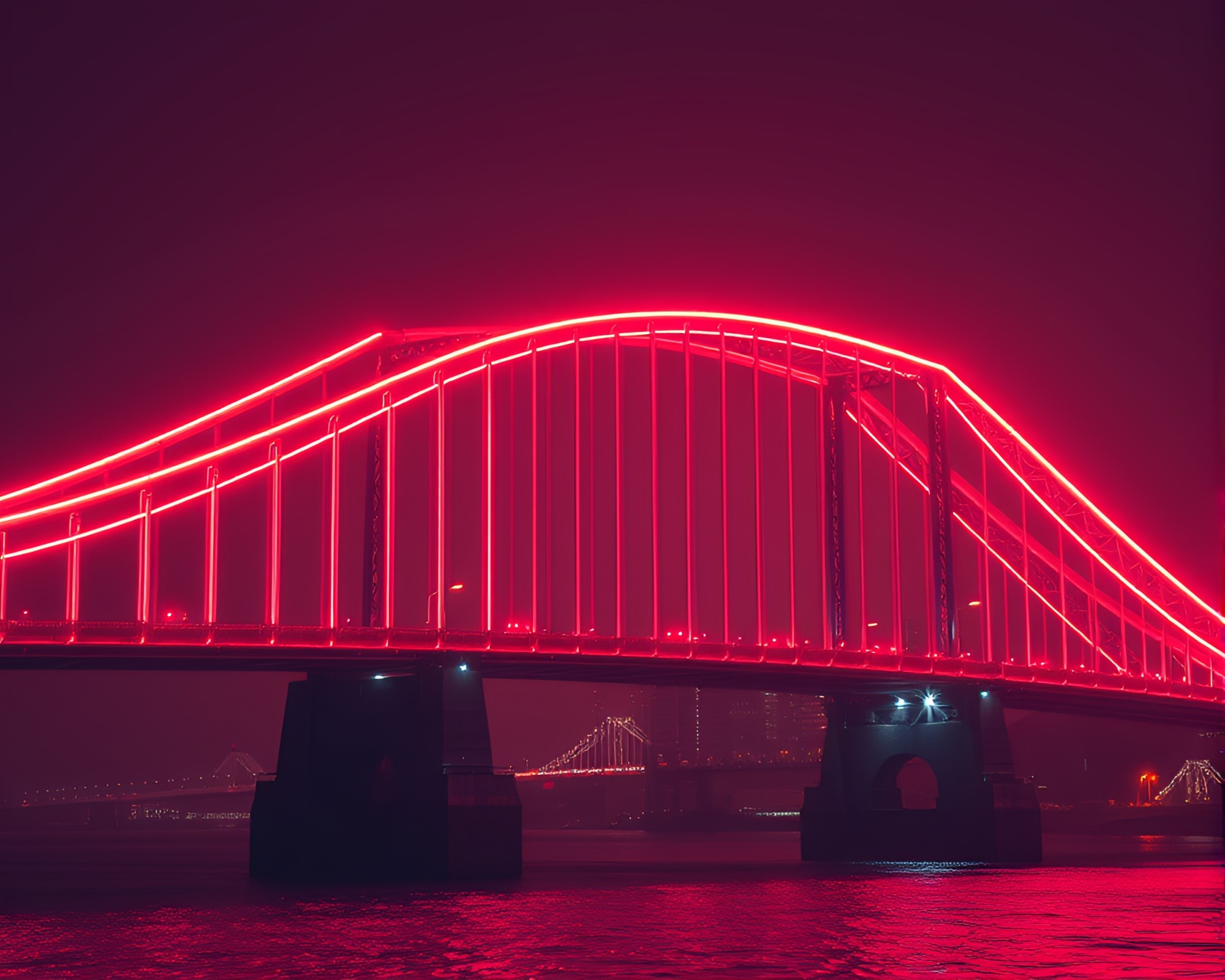 Neon Wireframe Glass Bridge Over Sepia Waters – free AI stock image