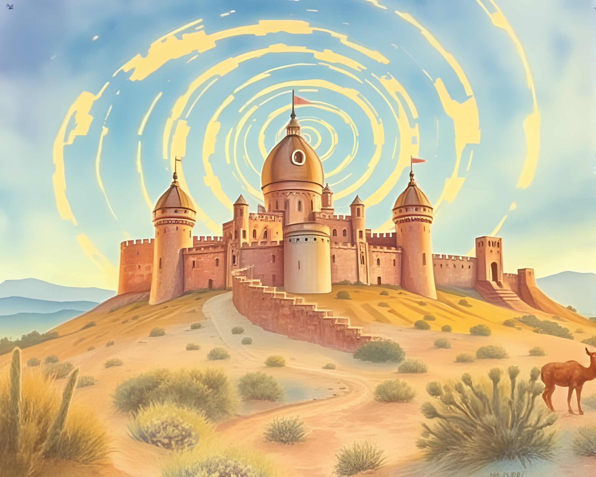 Deserted Castle Sunset in Watercolor VHS Style – free AI stock image