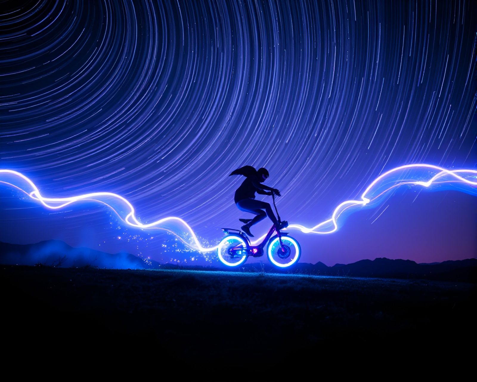 Vibrant neon hoverbike trail illuminating a star-filled sky