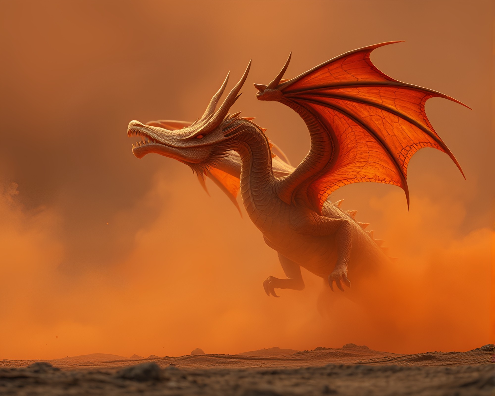 Majestic Dragon in Fiery Dust Storm – free AI stock image