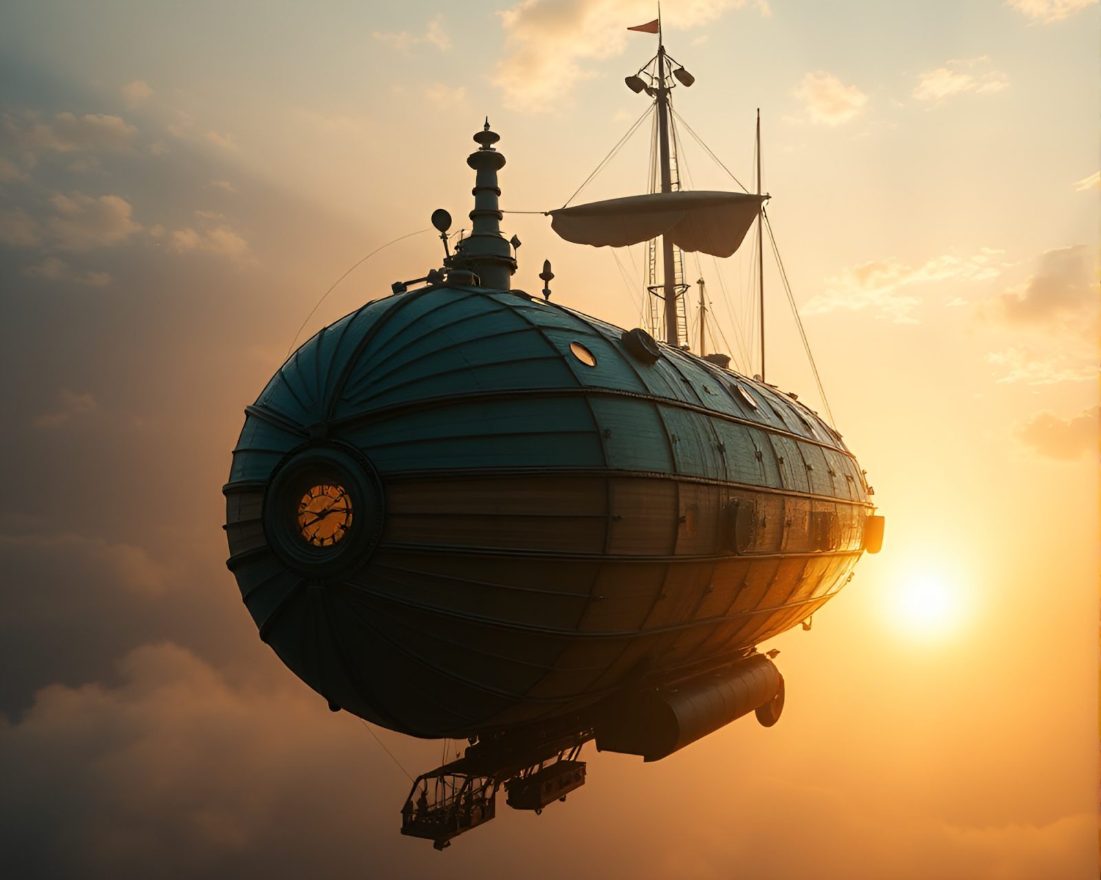 High-angle shot of a steampunk airship in golden morning light
