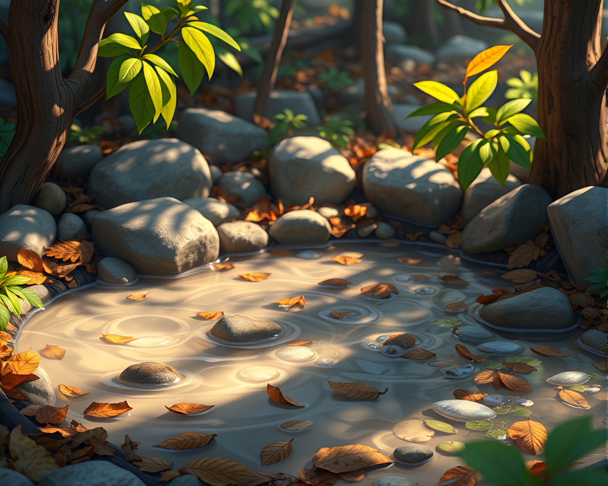 Surreal Hot Spring Jungle with Leaf Litter – free AI stock image
