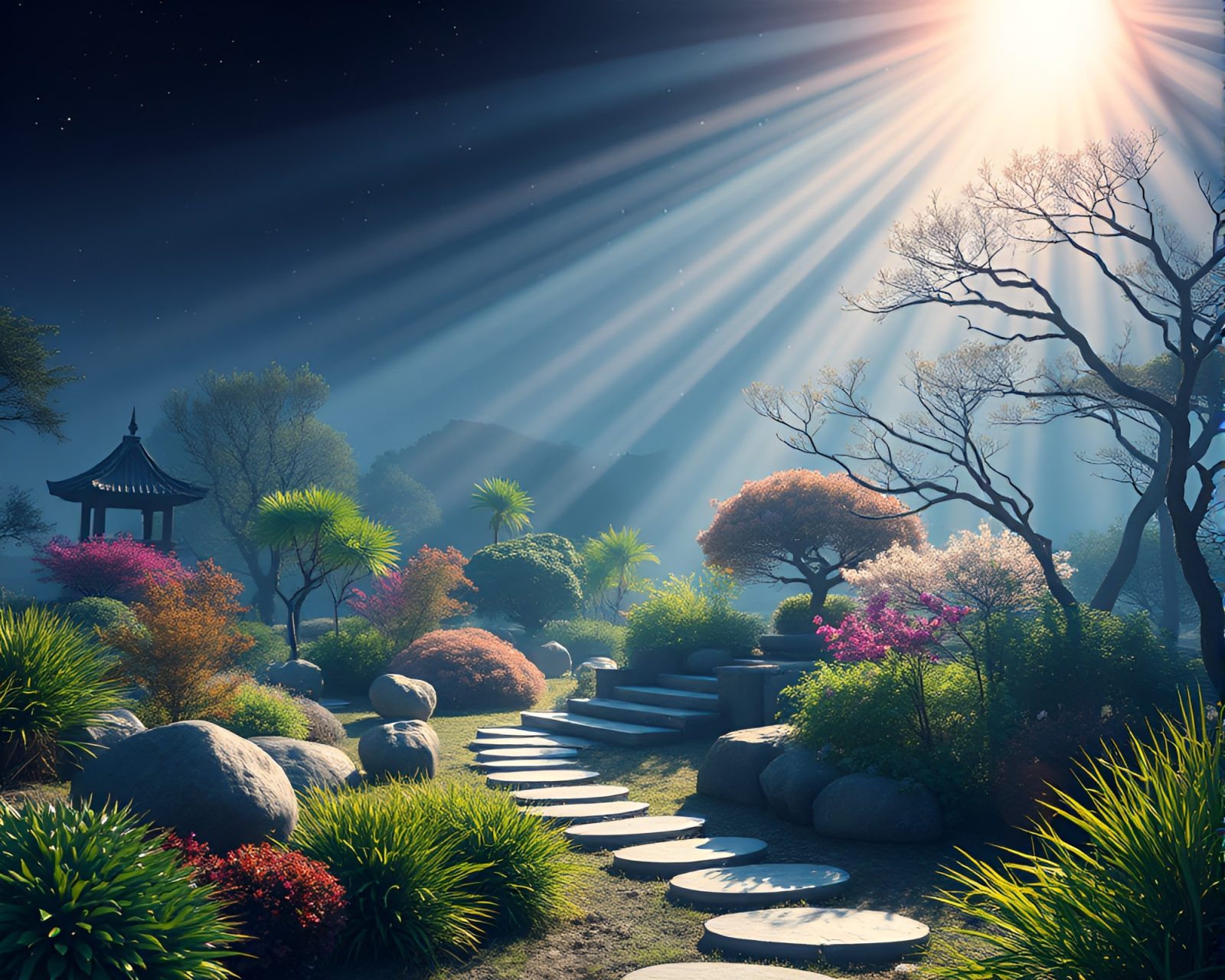 Serenely lit Zen garden with glowing light trails in vector art style