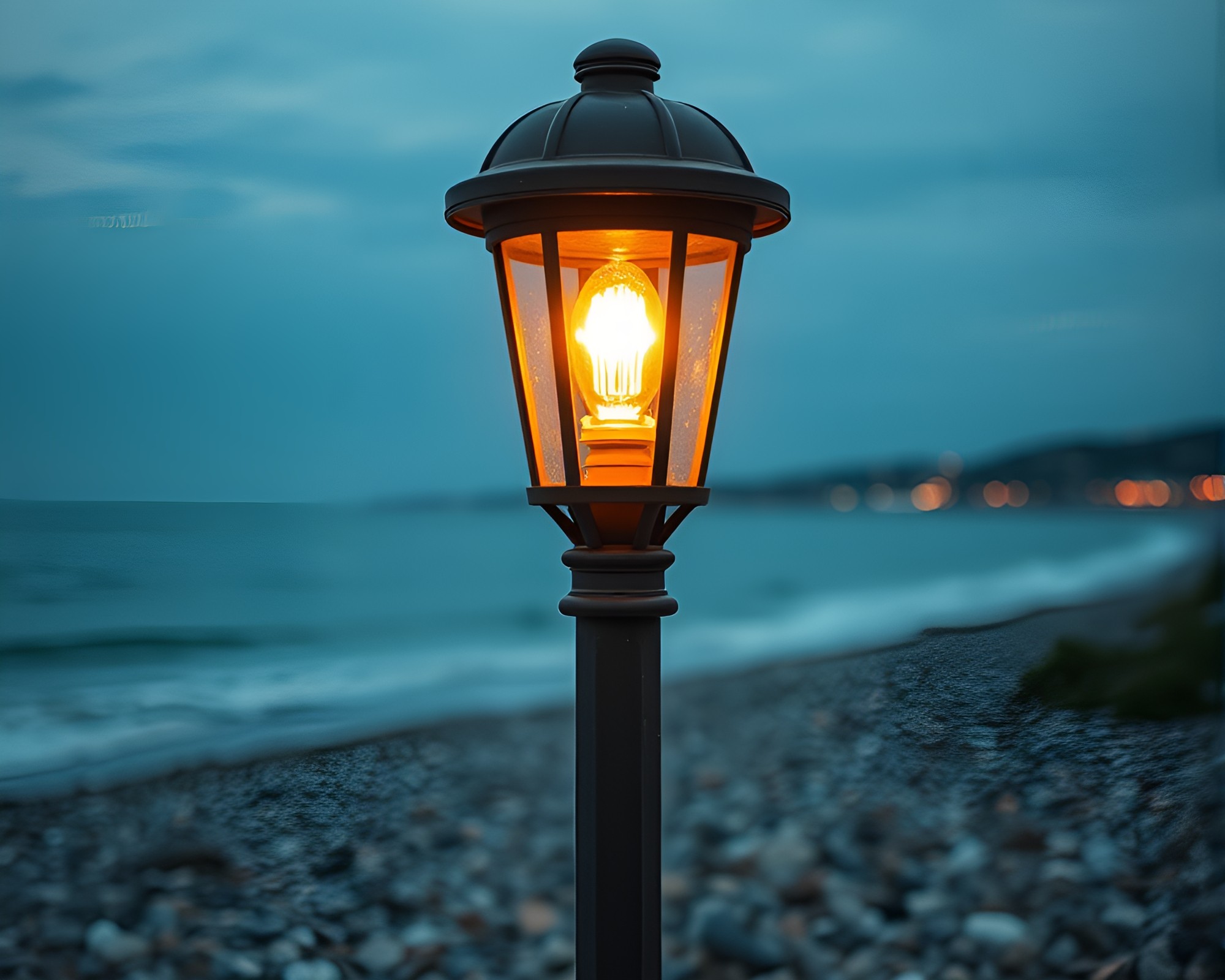 Pebble Beach Close-Up: Streetlamp Glow – free AI stock image