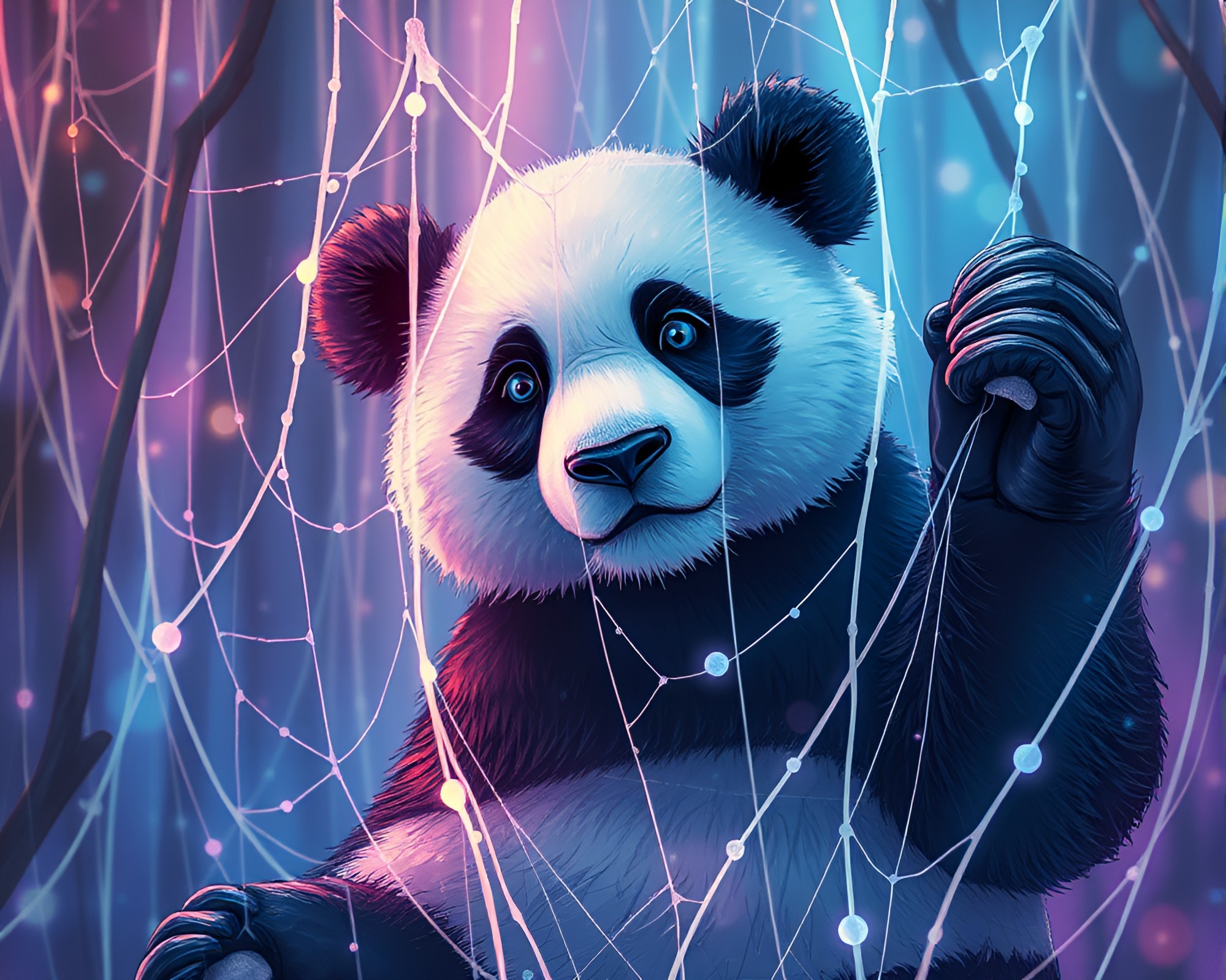Panda amidst surreal cobweb strands fantasy illustration – free AI stock image
