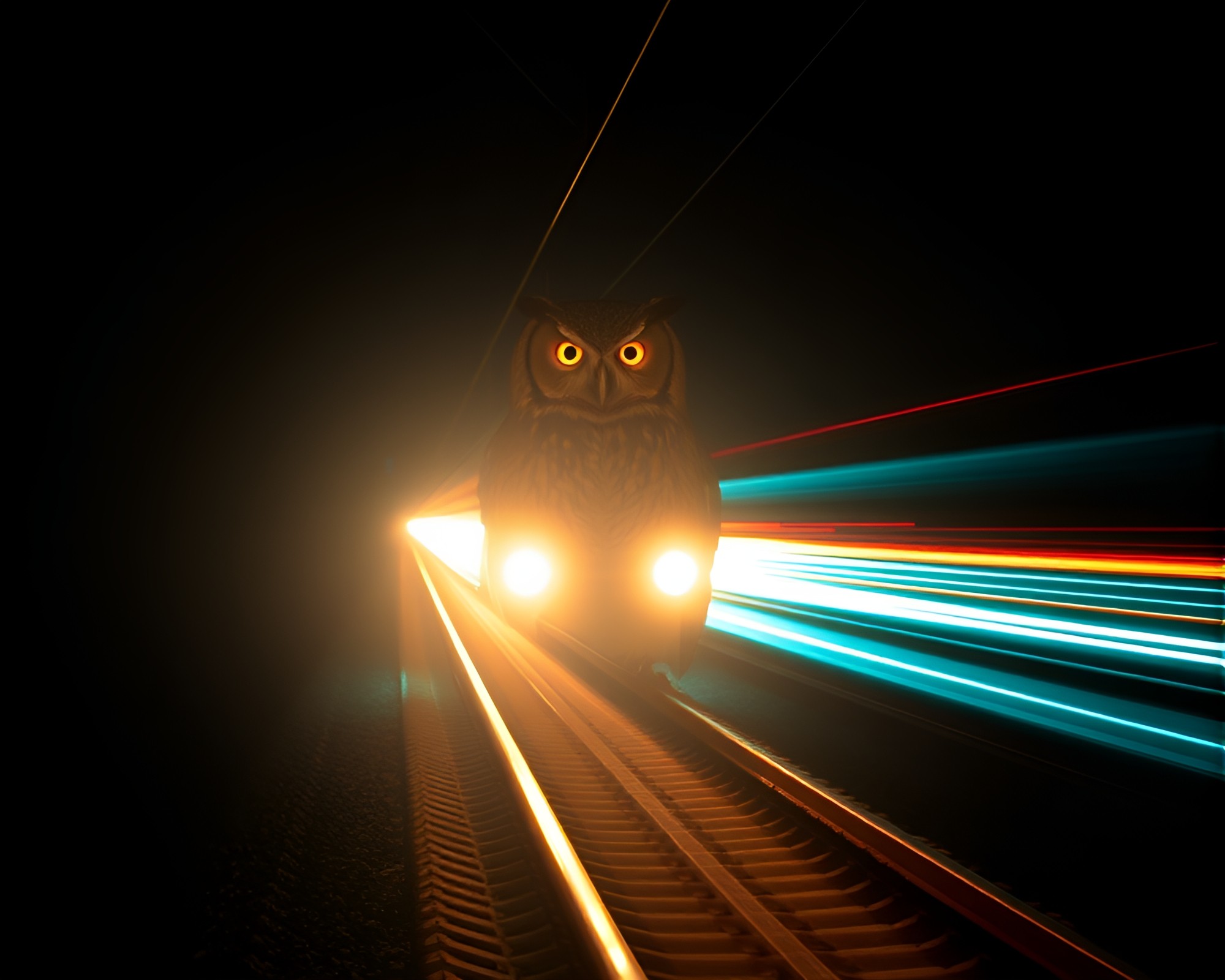 Noir Owl in Tranquil Turquoise Train Light Trails – free AI stock image