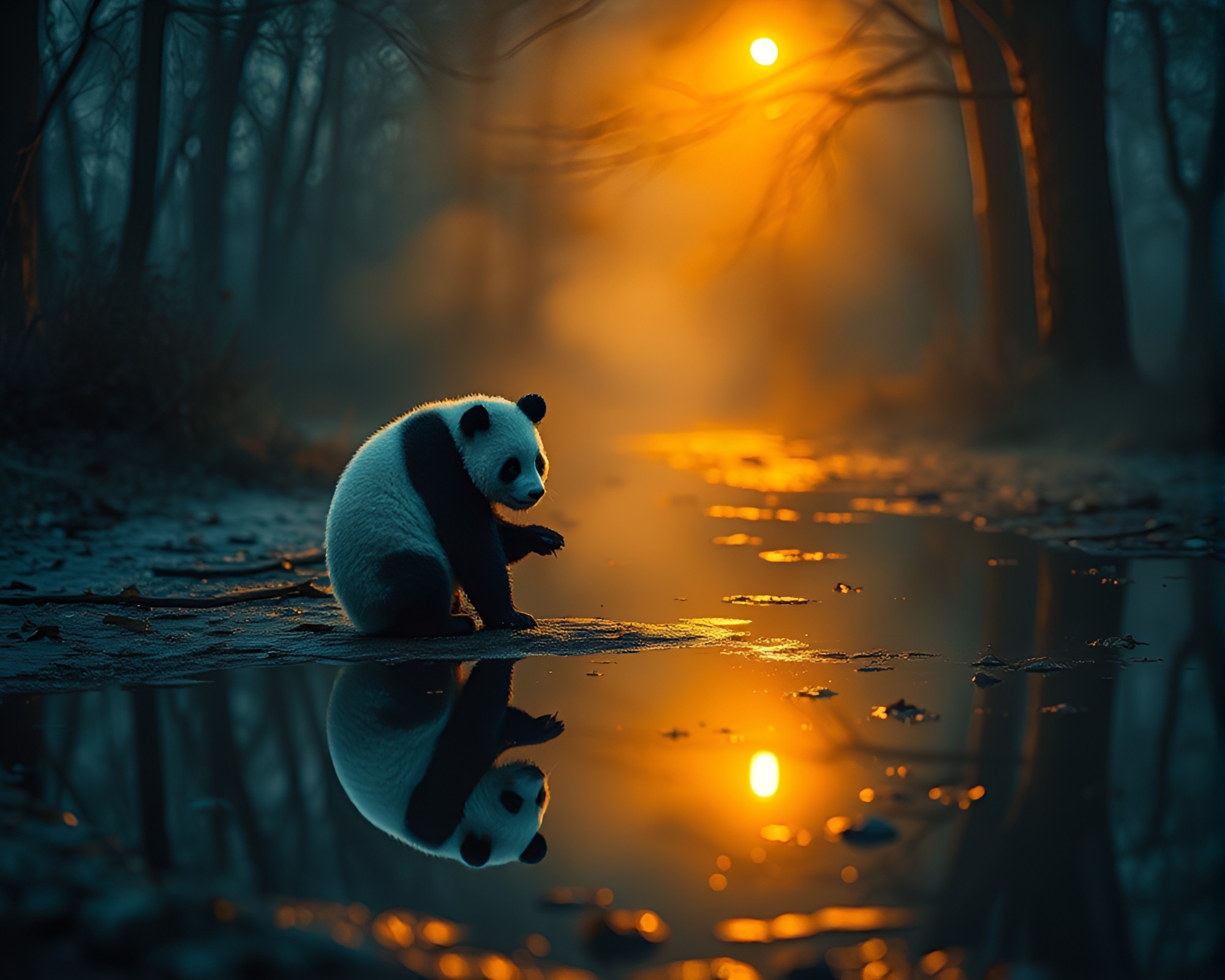 Panda Reflection in Torchlit Puddle – free AI stock image