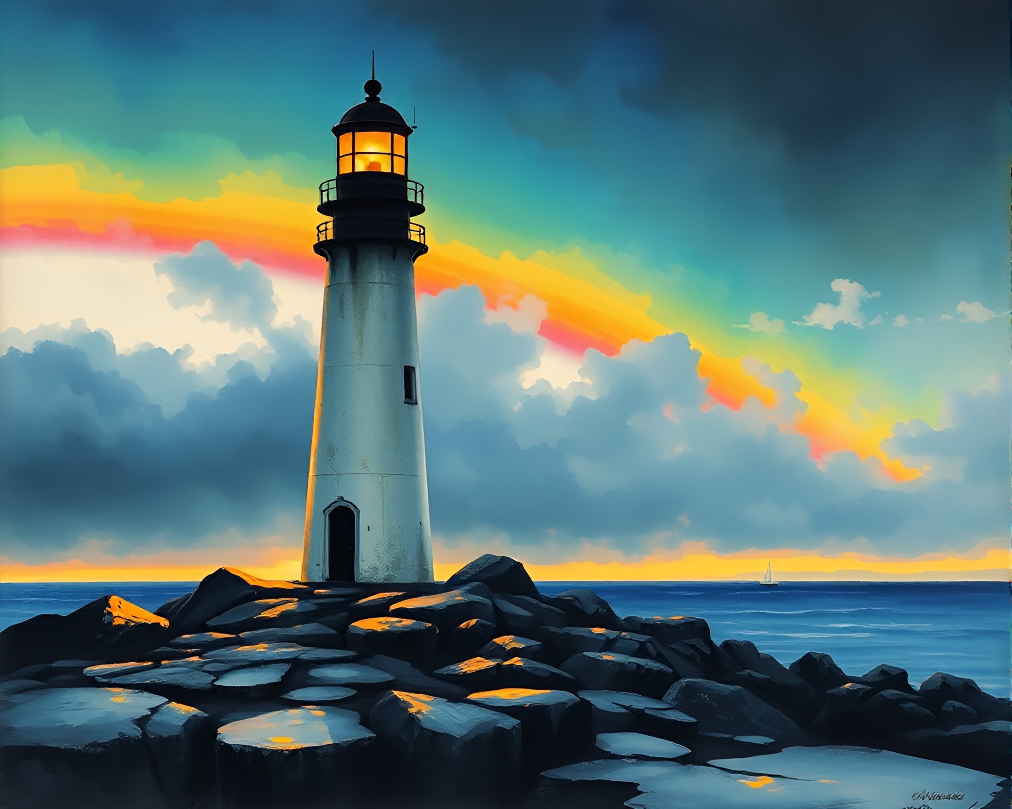 Abandoned Lighthouse in Ink Wash with Oil Slick Rainbow – free AI stock image