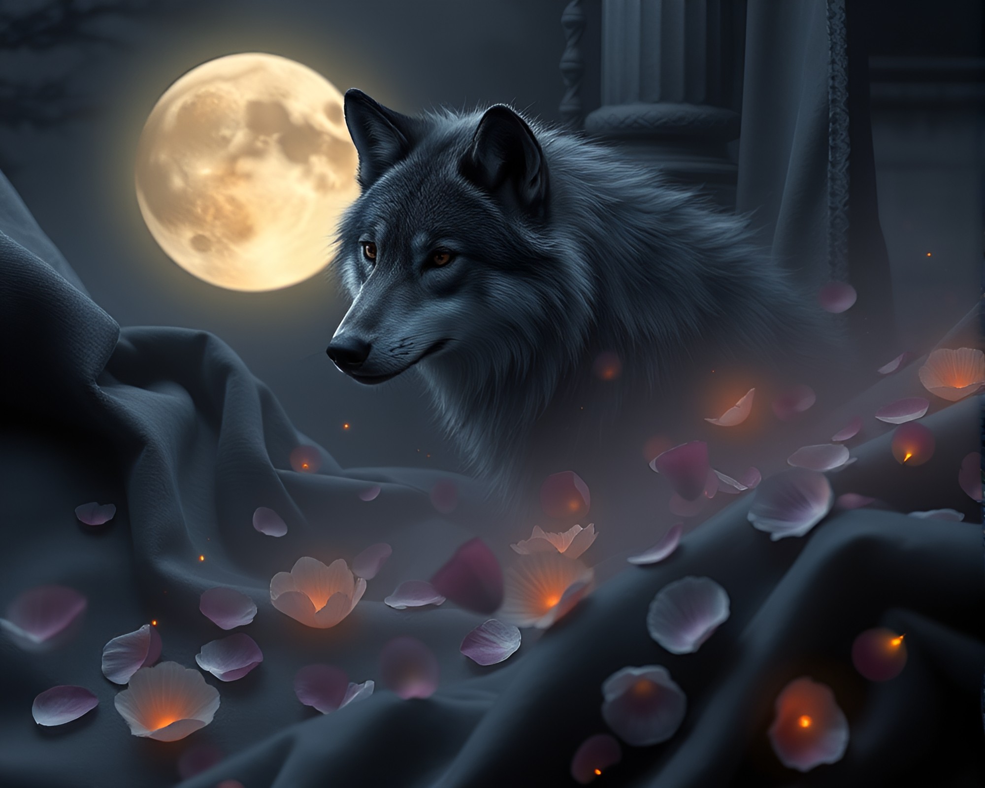 Moonlit Wolf Among Graphite Grey Flower Petals – free AI stock image