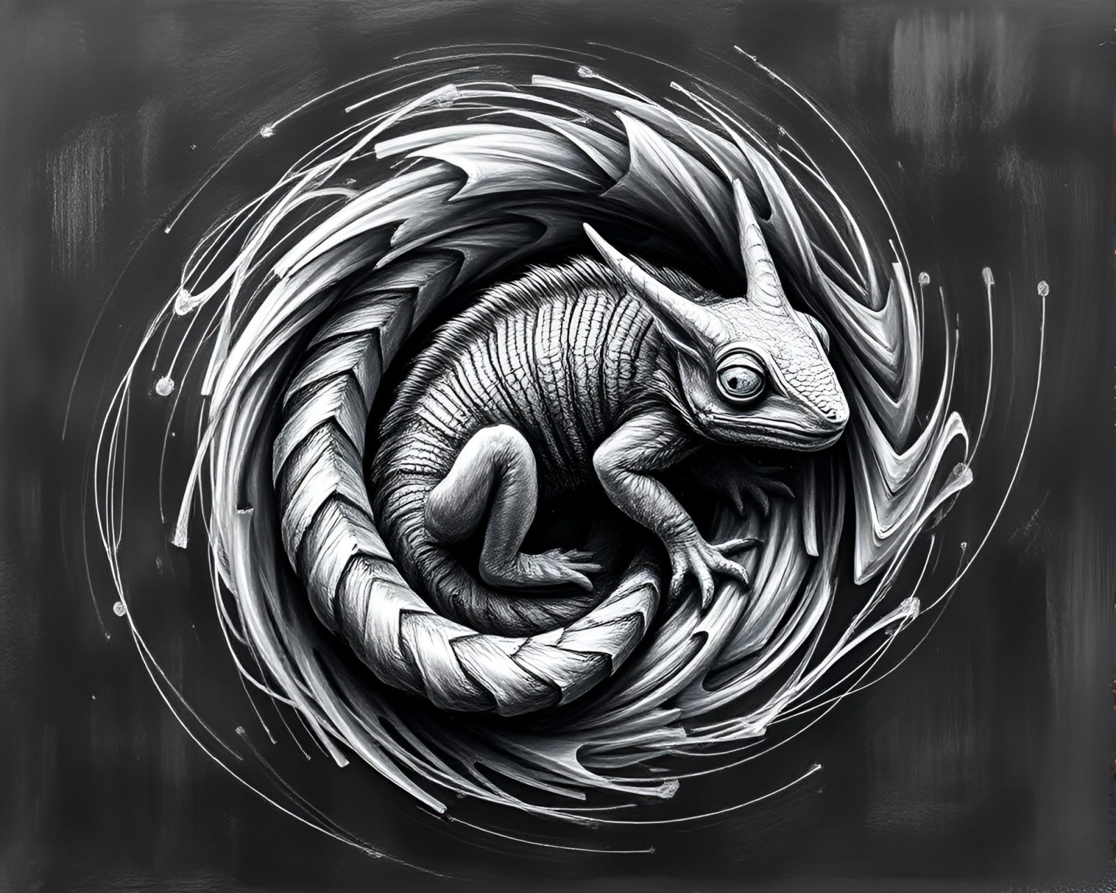 Dynamic chalk drawing of an armadillo in swirling vortex