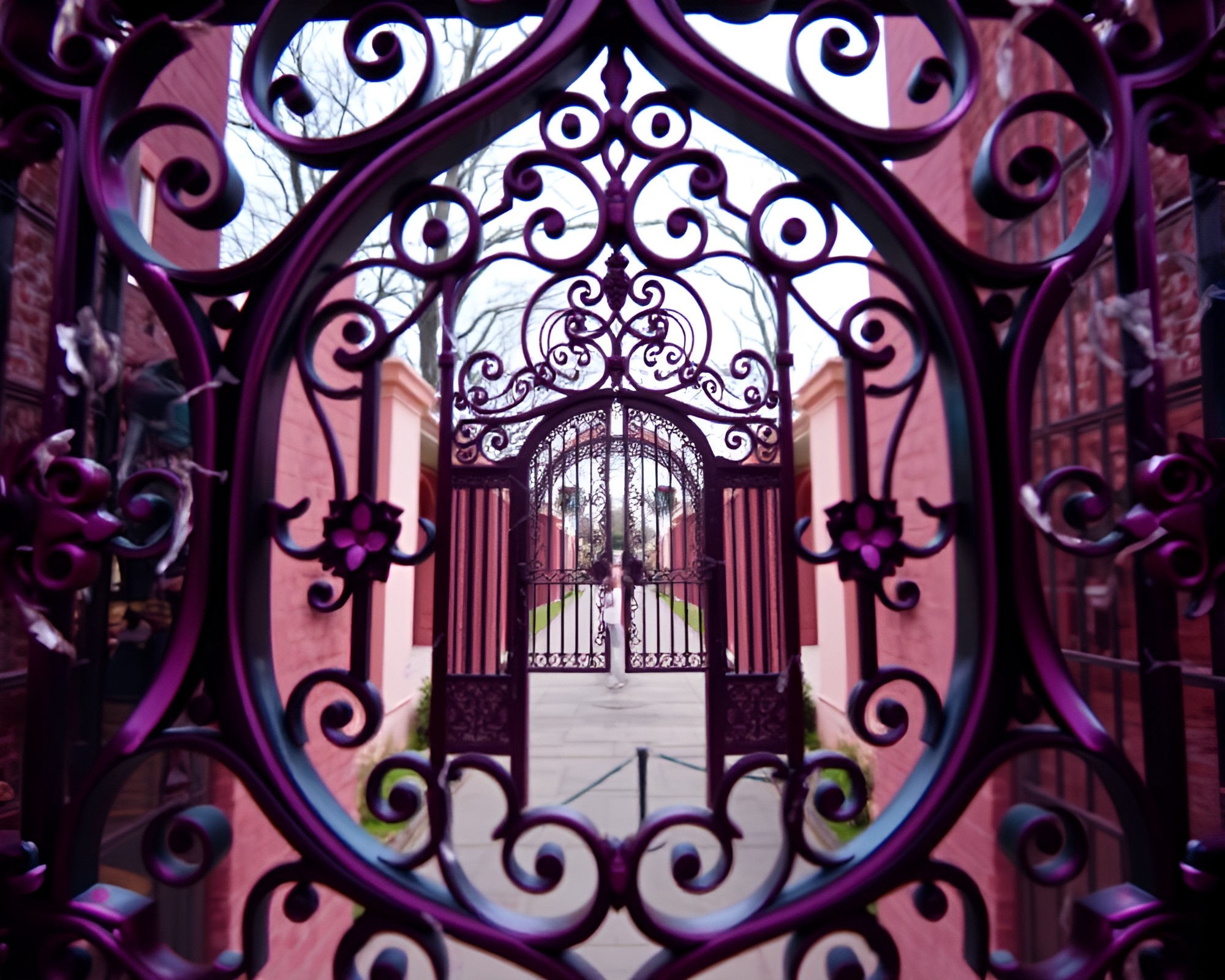 Magenta Kaleidoscope Wrought Iron Gate Fantasy – free AI stock image