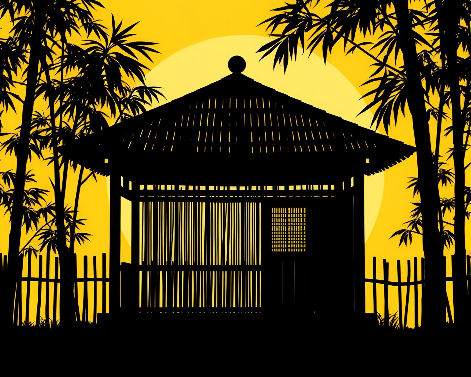 Bamboo hut silhouette against yellow monochrome background