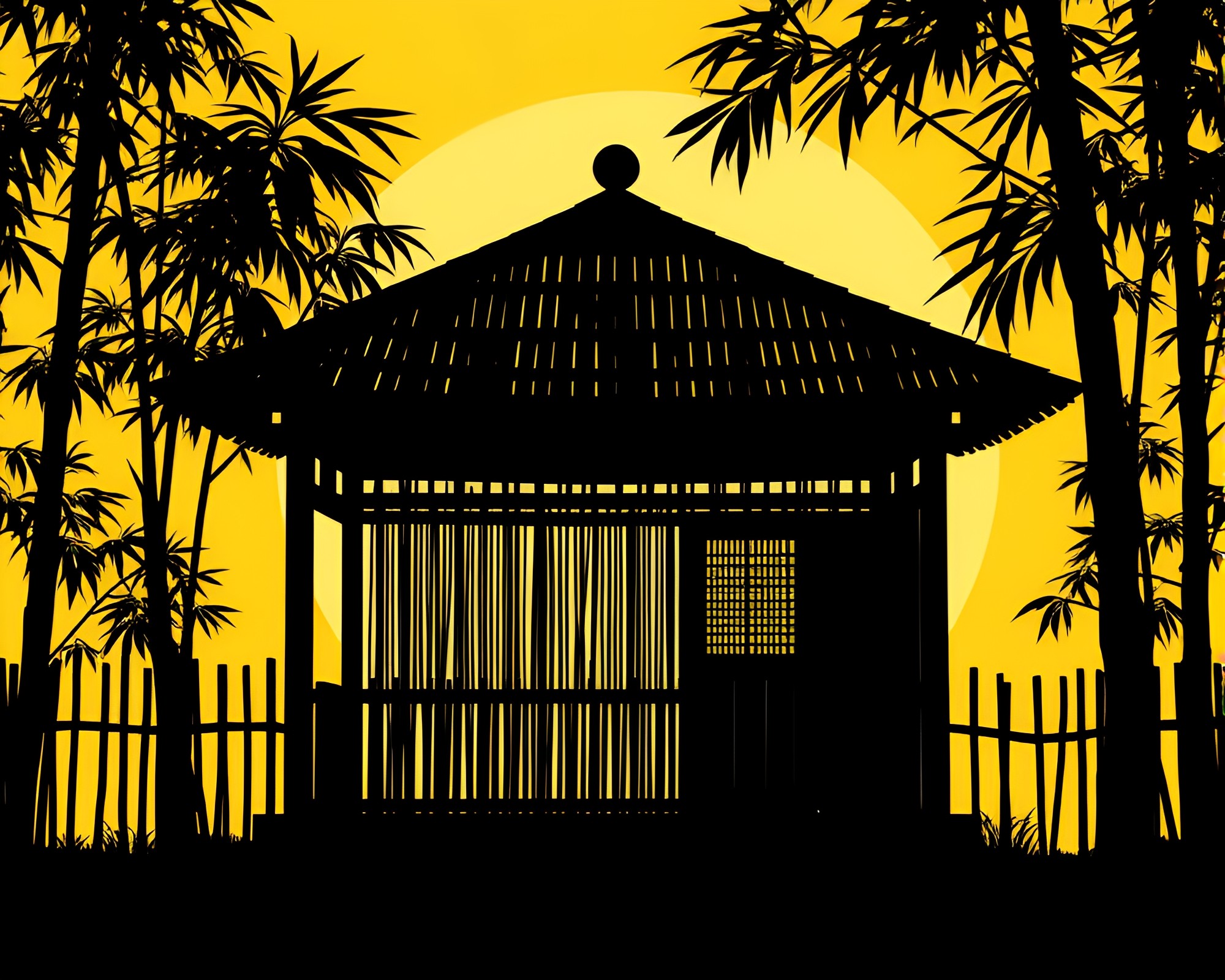 Monochrome Yellow Bamboo Hut Silhouette Illustration – free AI stock image