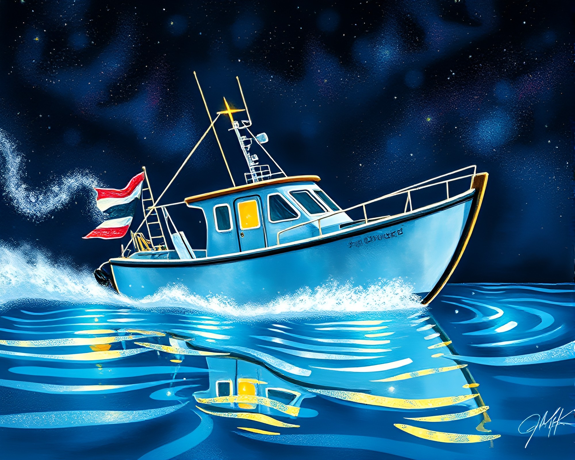 Phosphorescent Hydrofoil Boat with Silver Leaf Accents – free AI stock image