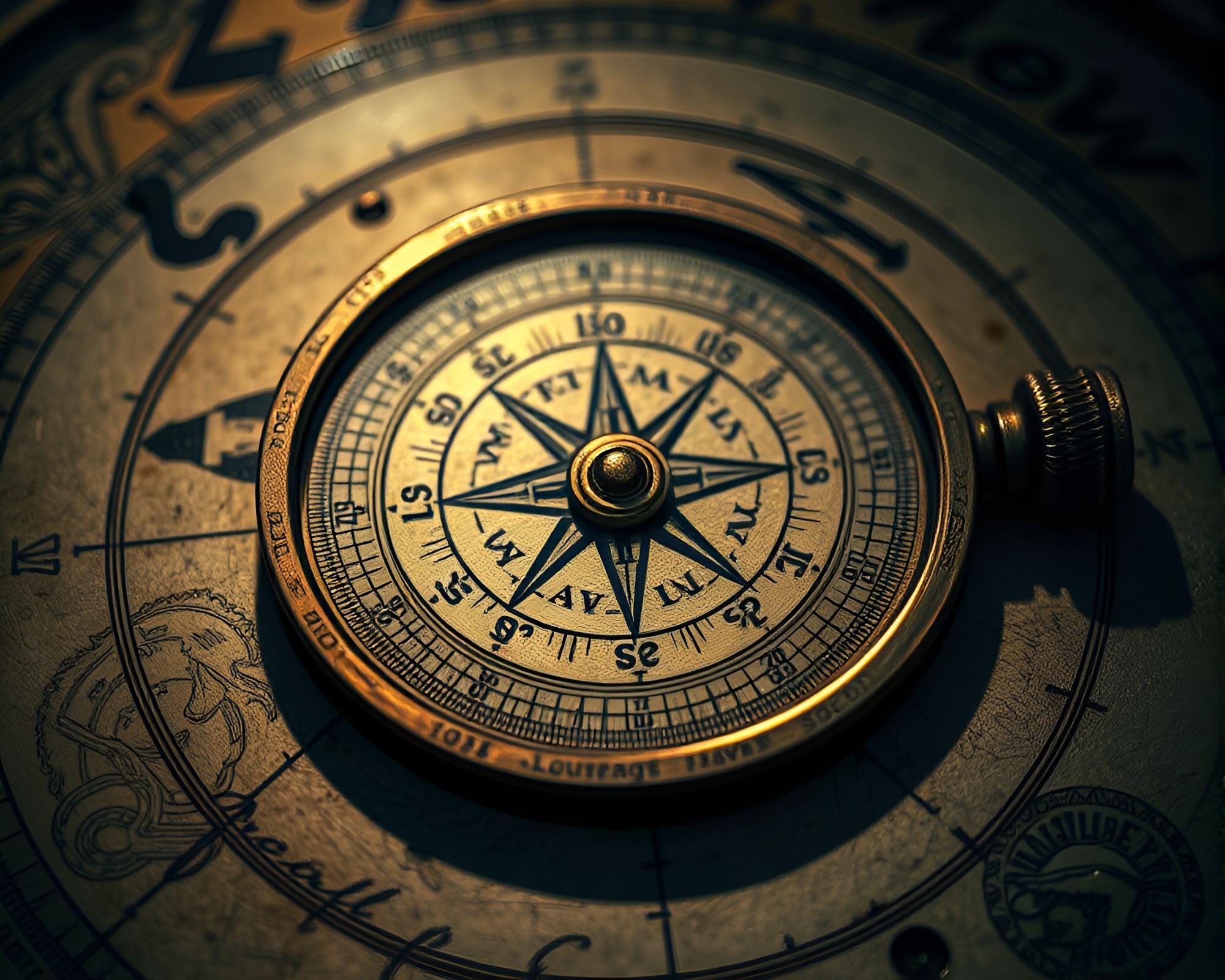 Antique compass underpainting with engraved details – free AI stock image
