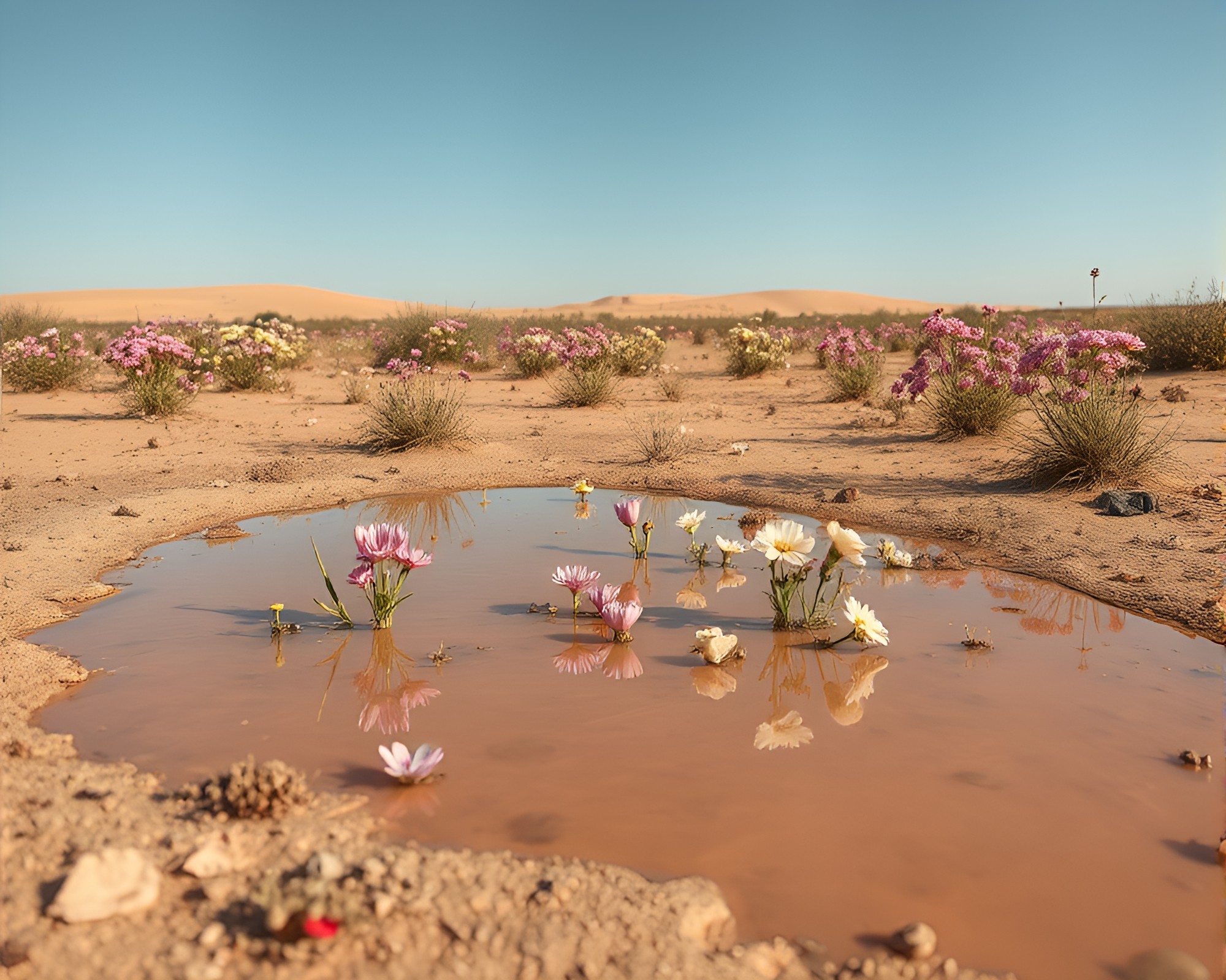 Flowering Meadow Reflection in Desert Sands: Dystopian Scene – free AI stock image