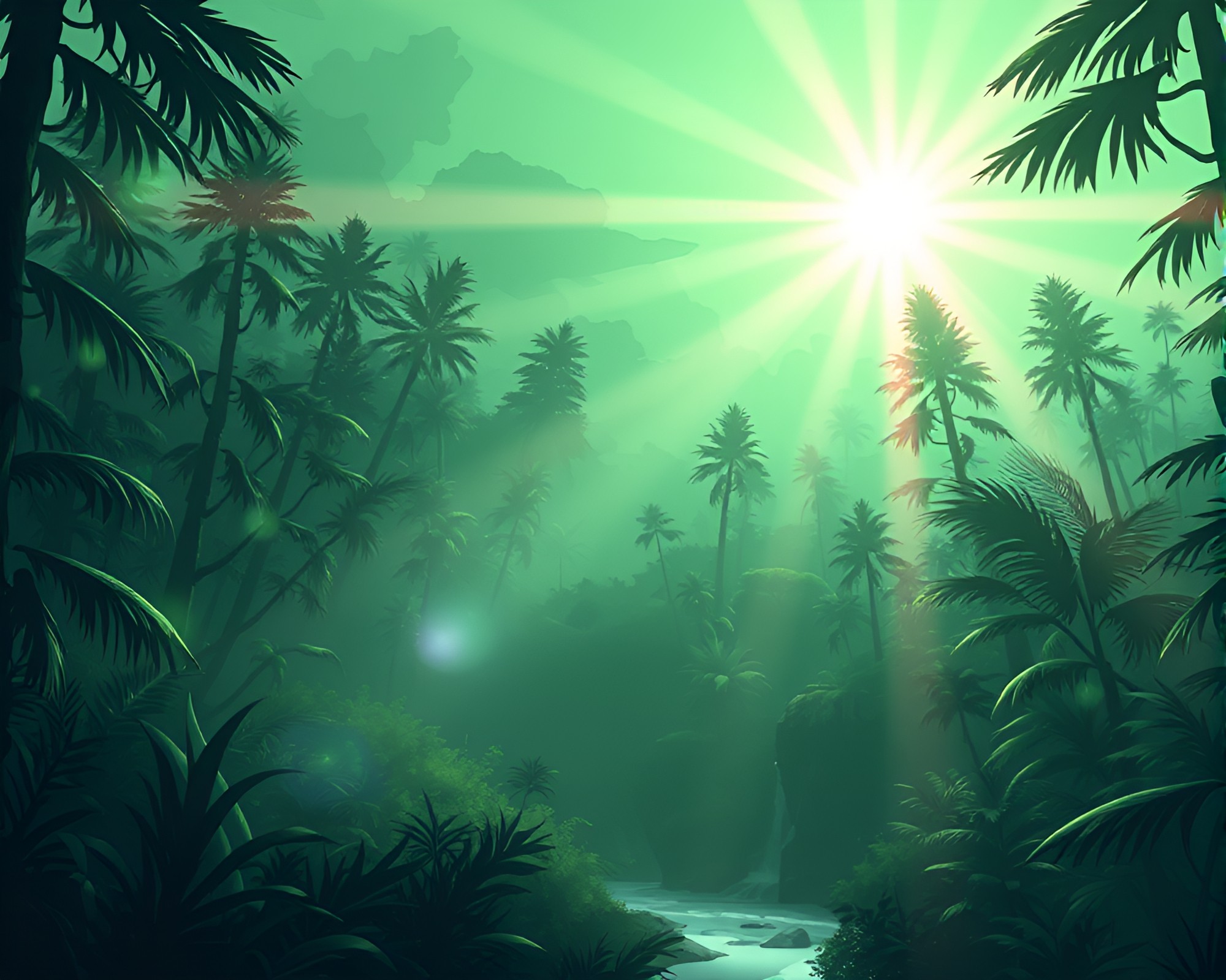 Mystical Runic Symbols in Cartoon Rainforest Backscatter Flare – free AI stock image