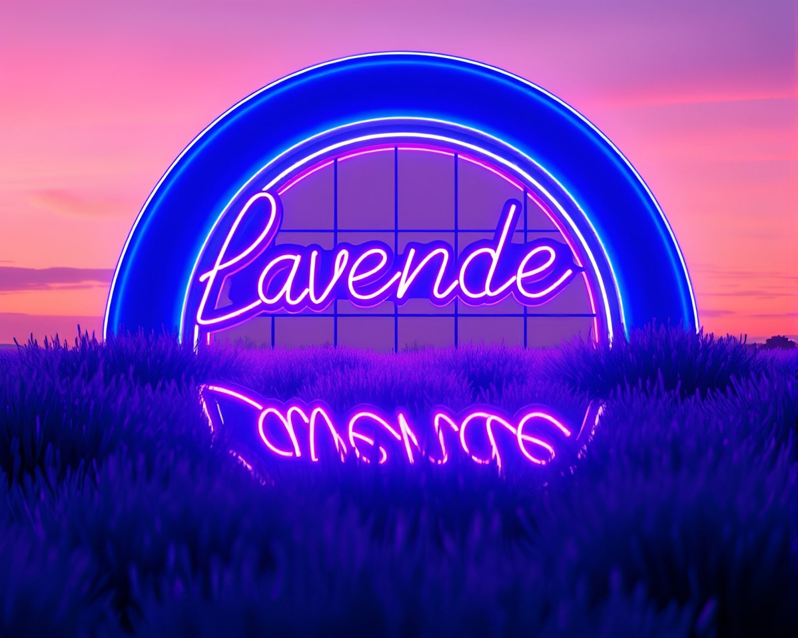 Vibrant neon signs reflecting in water at twilight