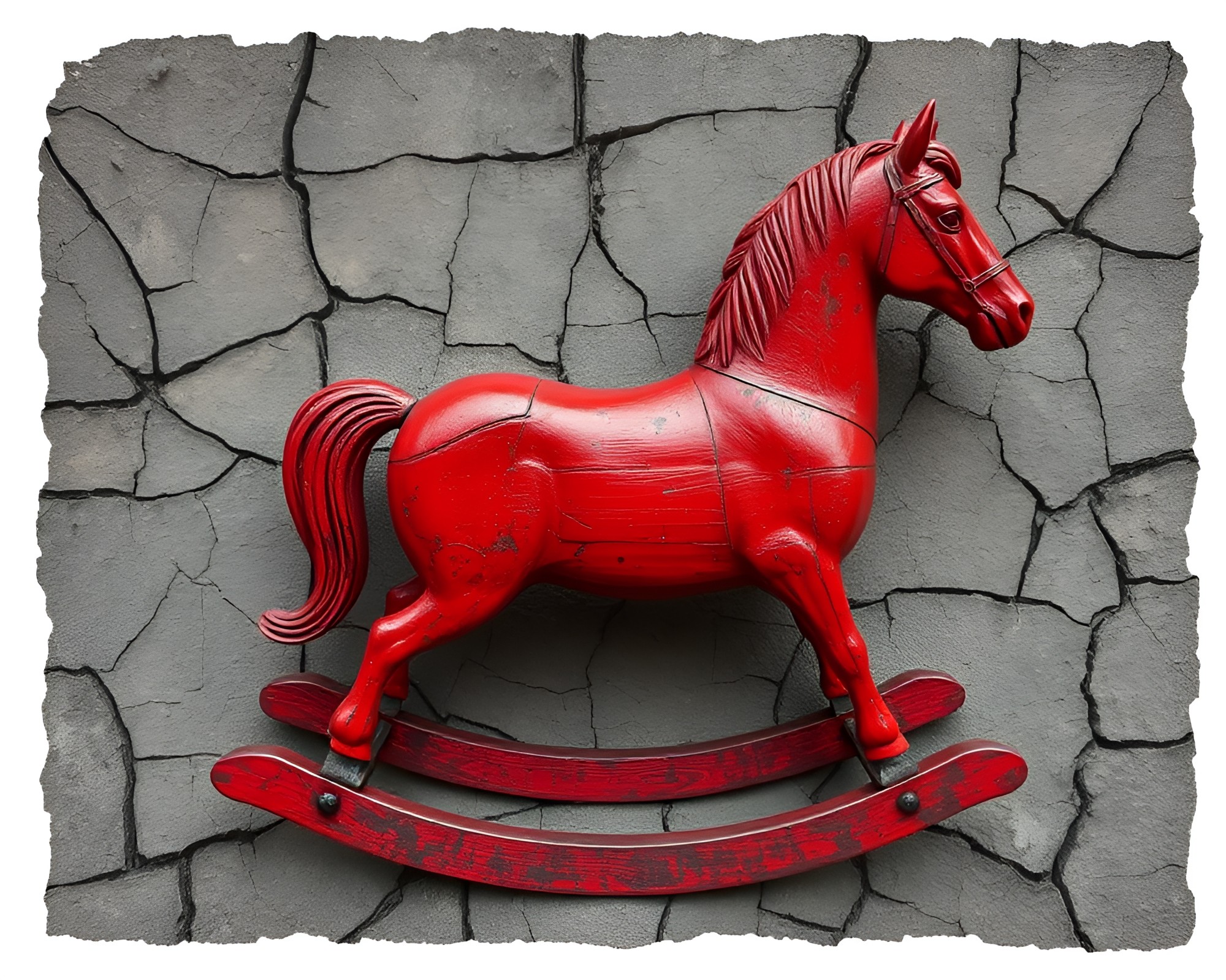Cracked Earth Wooden Rocking Horse in Grisaille Contrast – free AI stock image