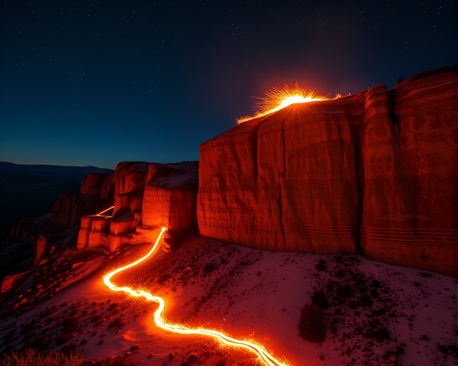 Stereographic image of cliff at sunset with sparkler trails