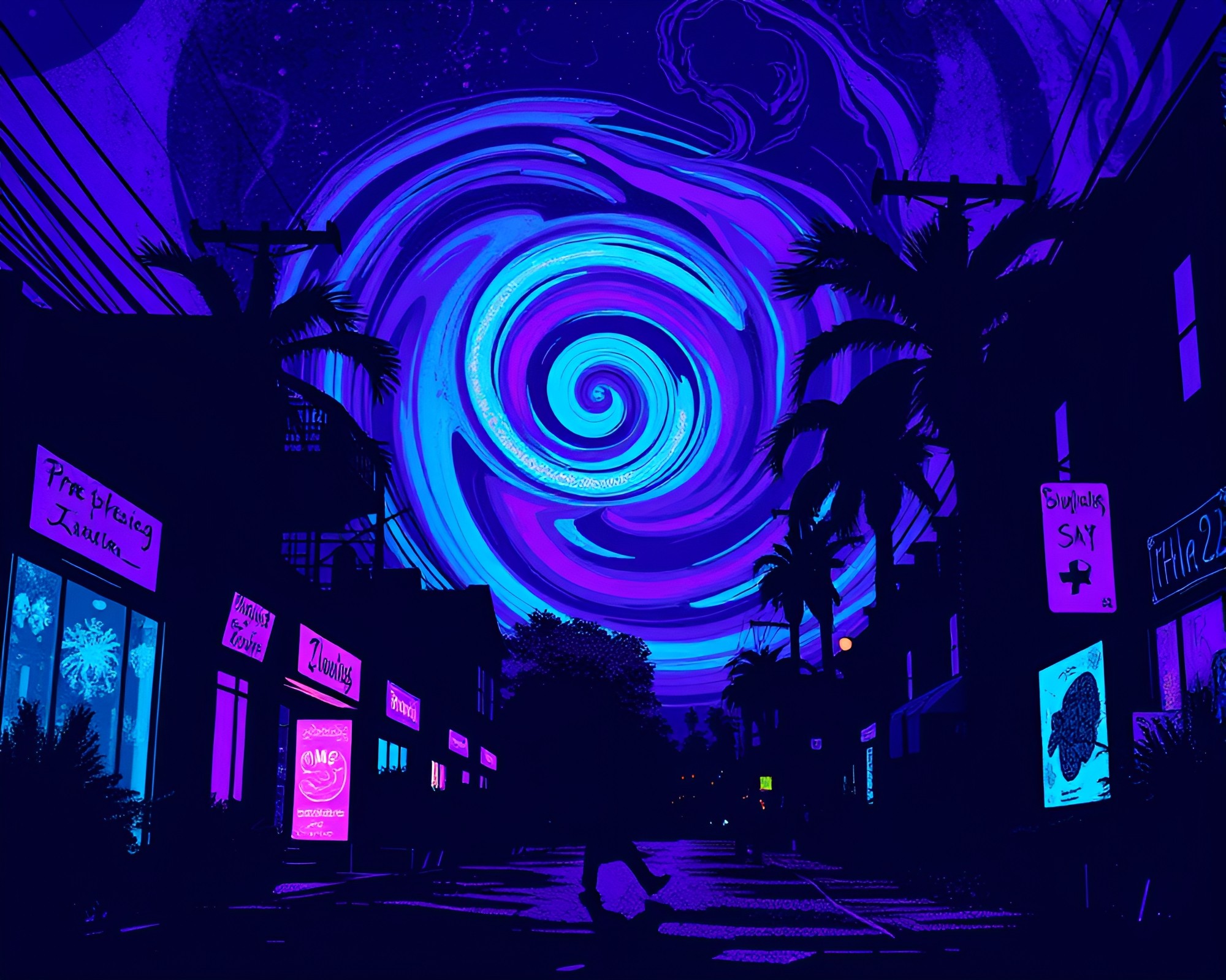 Twilight Street Art: Psychedelic Silhouette Swirls – free AI stock image