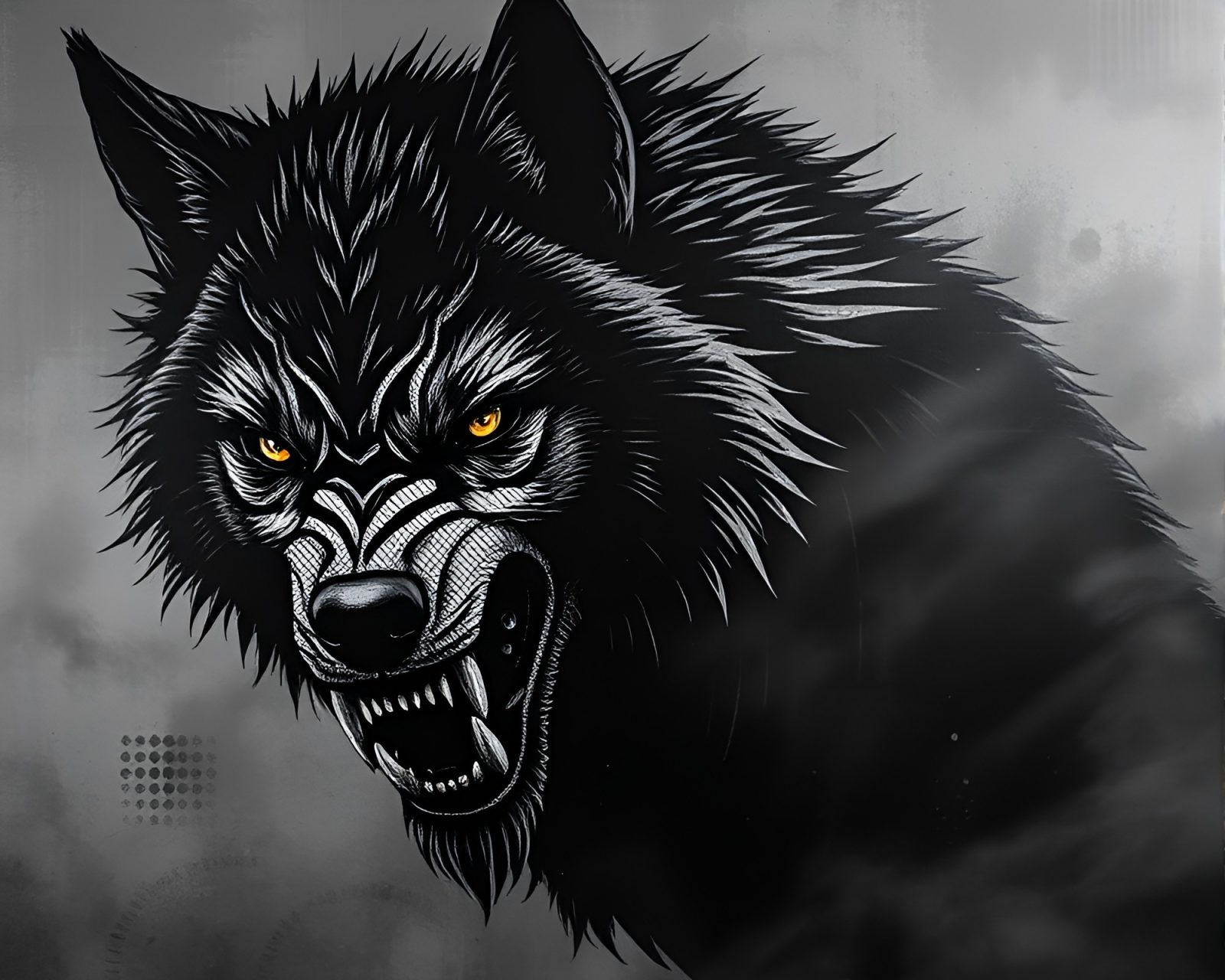 Mural painting of werewolf in halftone grid with smoky atmosphere